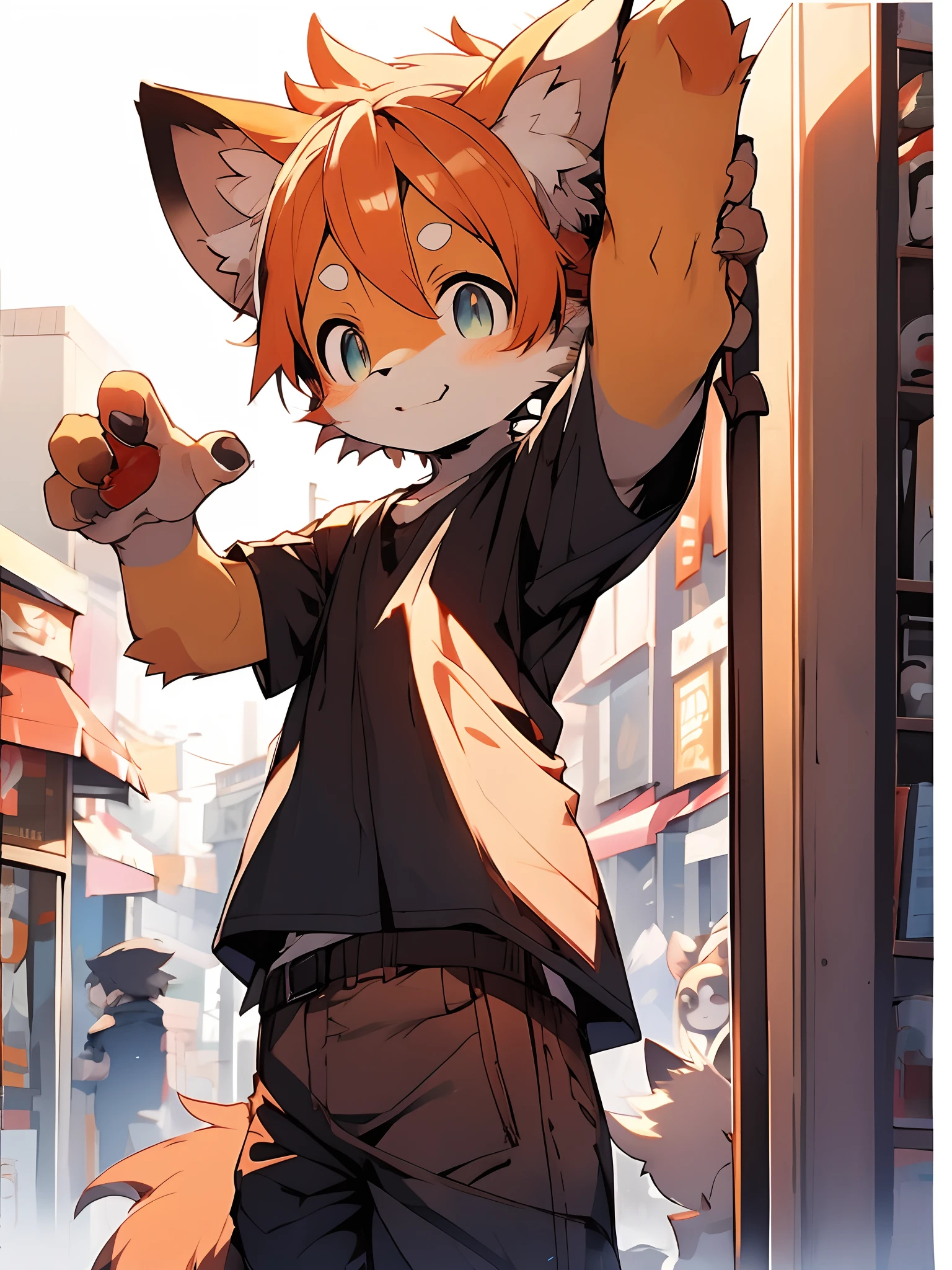 Anime characters with cat tails and black shirts, trending on artstation pixiv, Kawasi, orange - haired anime boy, trending on pixiv, Best Rated on pixiv, Boy with cat ears and tail, komono, author：Shitao, In anime style, in an anime style, clean and meticulous anime style, pixiv daily ranking,furry,cute,shota