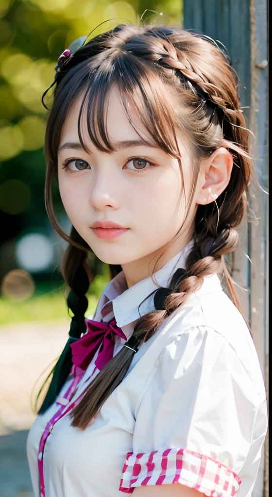 (ultra-detailliert), Tartan Check Uniform,Blue eyes,The upper part of the body、a closeup、faces、(A smile:1.1),(facing front:1.2), 20yr old, s girl,no tail,(no tail),2D, masterpiece, top-quality, A detailed eye, A detailed face, girl with, Only 1 person,Brown Hair Medium Hair, (Brown hair), Ear Hair, small tits, Single braid, (Single braid), (Side braid), Pink ribbon, Background bokeh,sea side