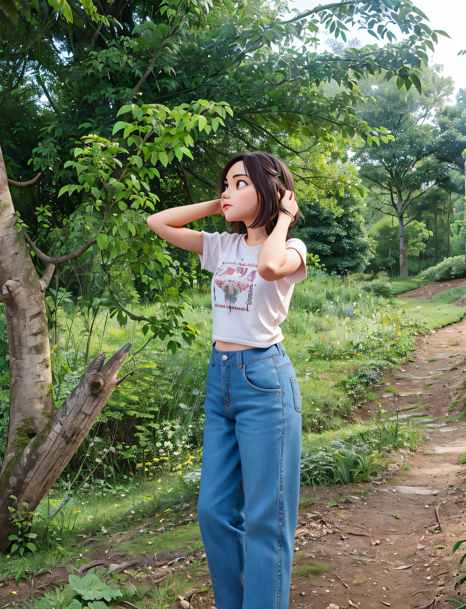 there is a girl standing in the grass with her hands on her hips, cute face, with a tall tree, in front of a forest background, standing in the forrest, with trees, standing in the forest, walking around in forest, standing in a forest, standing on a forest, amidst nature, in front of an amazing forest, in forest, standing in a botanical garden