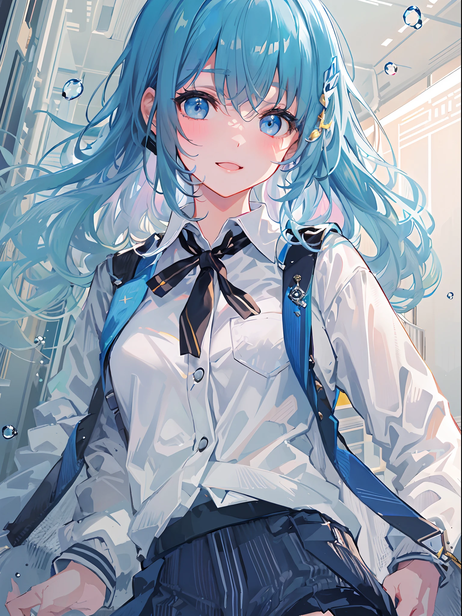 ((top-quality)), ((masterpiece)), ((ultra-detailliert)), (extremely delicate and beautiful), girl with, 独奏, cold attitude,((Black jacket)),She is very(relax)with the(Settled down)Looks,A dark-haired, depth of fields,evil smile,Bubble, under the water, Air bubble,bright light blue eyes,Inner color with light blue hair and dark blue tips,Cold background,Bob Hair - Linear Art, shortpants、knee high socks、White uniform like school uniform、Light blue ribbon ties、Clothes are sheer、Hands in pockets