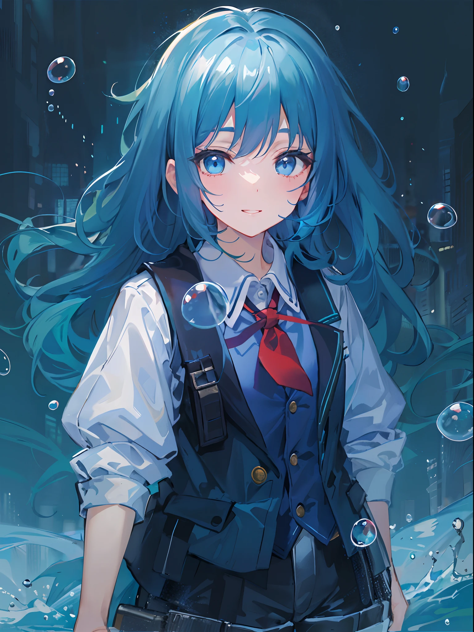 ((top-quality)), ((masterpiece)), ((ultra-detailliert)), (extremely delicate and beautiful), girl with, 独奏, cold attitude,((Black jacket)),She is very(relax)with the(Settled down)Looks,A dark-haired, depth of fields,evil smile,Bubble, under the water, Air bubble,bright light blue eyes,Inner color with light blue hair and dark blue tips,Cold background,Bob Hair - Linear Art, shortpants、knee high socks、White uniform like school uniform、Light blue ribbon ties、Clothes are sheer、Hands in pockets