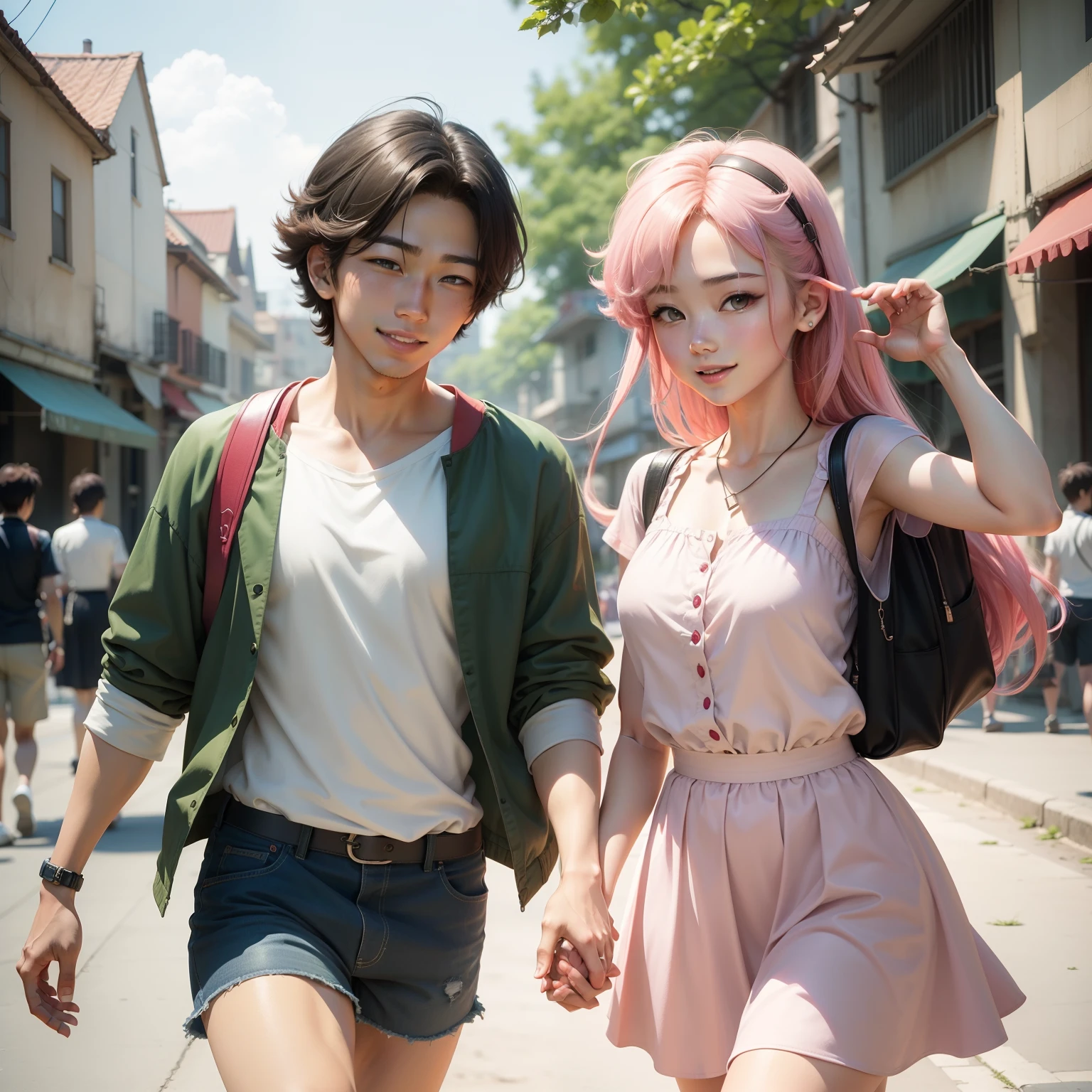 "Young busty single mom with her son, holding hands and walking to school, in a high-detail colored manga style masterpiece, vibrant and dynamic, capturing a slice-of-life scene, intricate details highlighting their expressions and surroundings, wide shot, art style inspired by top manga artists on ArtStation and DeviantArt, resolution 8K, (manga style:1.5), (slice-of-life:1.3), (vibrant colors:1.25), (ArtStation:1.2), (DeviantArt:1.2)"