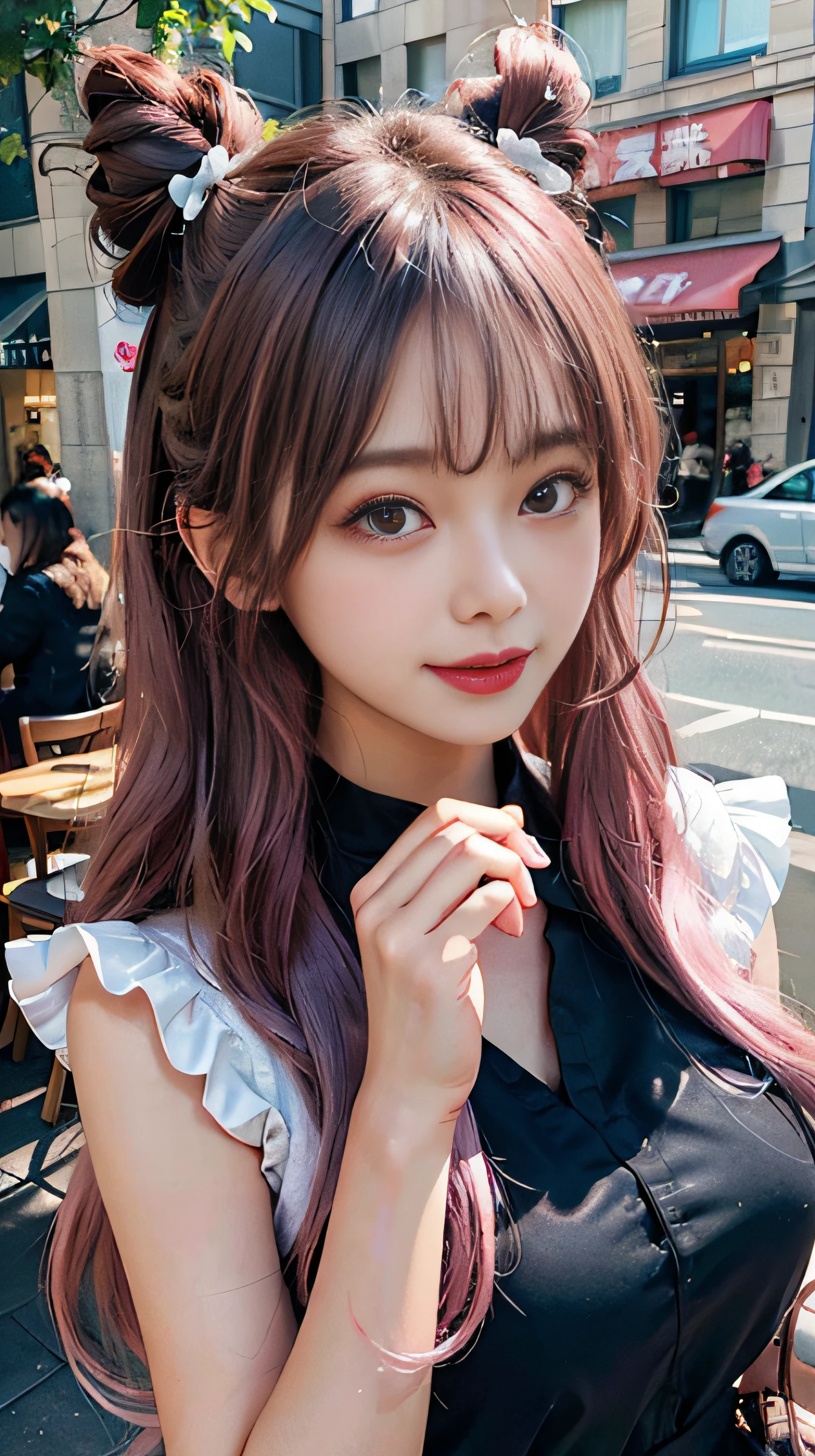 (RAW photography:1.2)、top-quality、a beautiful detailed girl、double tails,Pink hair color、A smile、heartthrob、extremely detailed eye and face、beatiful detailed eyes、hugefilesize、A high resolution、8k wallpaper、finedetail、the wallpaper、Light on the face、电影灯光、-yeld giidol pose、(Foto realism:1.4)、illustratio、super detailing、tmasterpiece、Gray hair elasticity、Fluffy dresses,Pink black ribbon,Coffee shop in the background