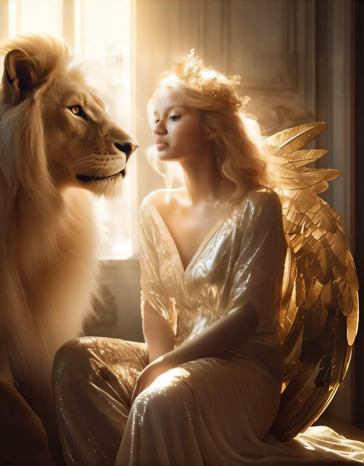 Araffe sitting on a bed next to a lion and a woman, gorgeous goddess of leo, Ethereal Angelic Being of Light, anjo bonito, Angelic Light, de anjo lindo, Directed by: Marie Angel, beautiful animal pearl queen, gold ethereal light, Luz majestosa, com belas asas, beautiful angelic wings, Taylor Swift como um anjo celestial, de uma menina anjo bonita