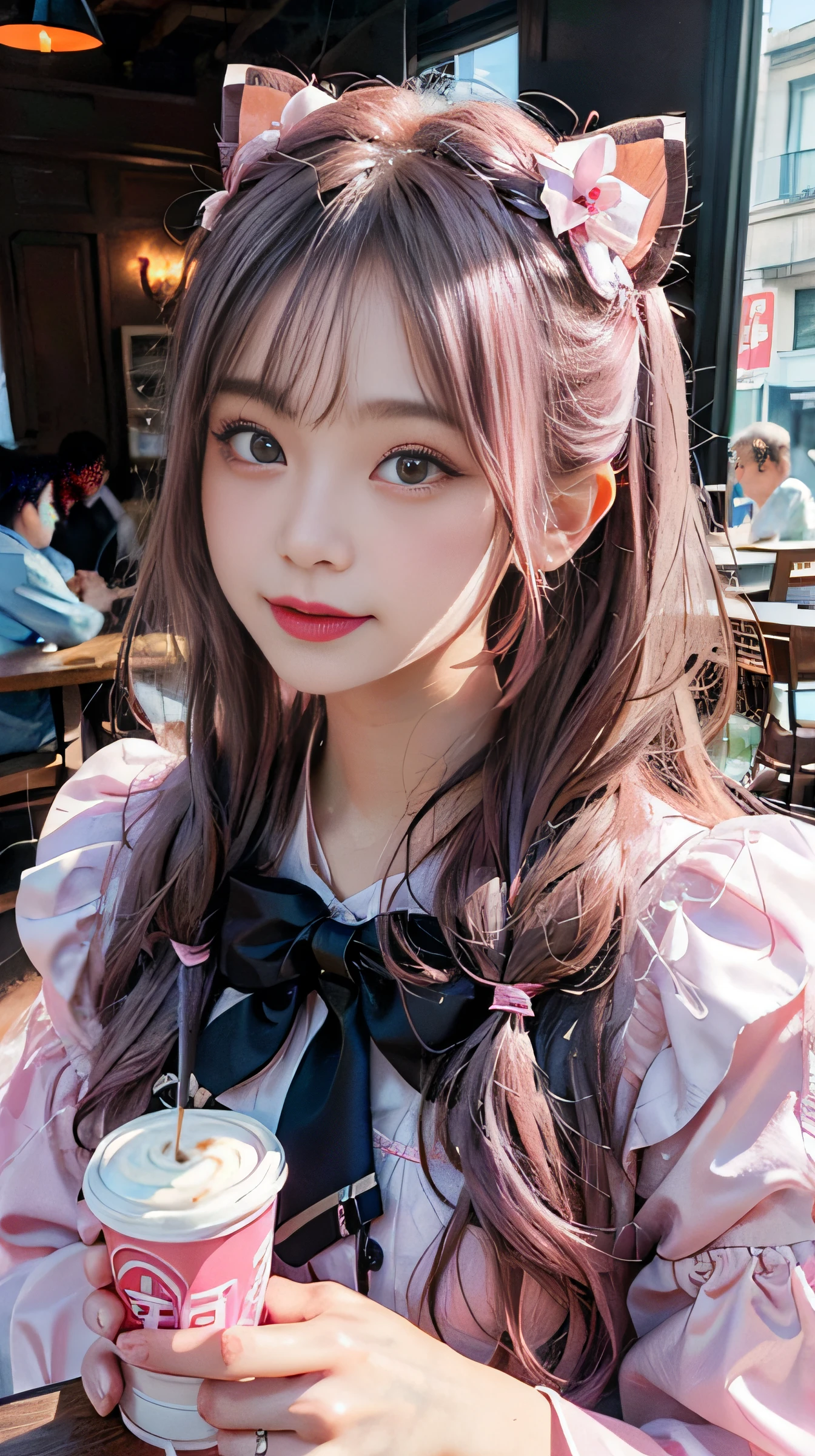 (RAW photography:1.2)、top-quality、a beautiful detailed girl、double tails，Pink hair color、A smile、heartthrob、extremely detailed eye and face、beatiful detailed eyes、hugefilesize、A high resolution、8k wallpaper、finedetail、the wallpaper、Light on the face、电影灯光、****************、idol pose、(Foto realism:1.4)、illustratio、super detailing、tmasterpiece、Gray hair elasticity、Fluffy dresses，Pink black ribbon，Coffee shop in the background