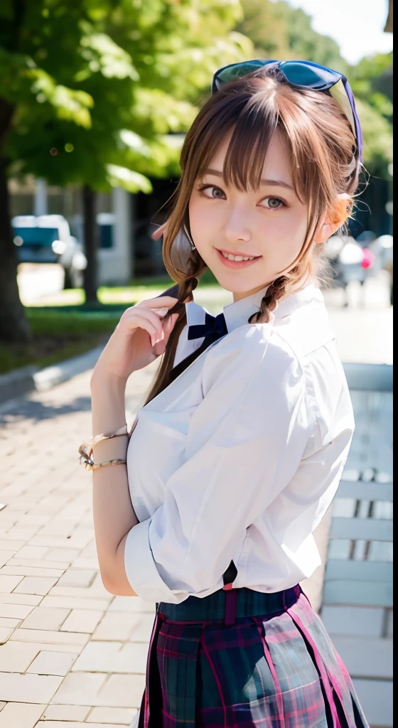 (ultra-detailliert), Blue tartan check uniform,Blue eyes,The upper part of the body、idol、a closeup、faces、(A smile:1.1),(facing front:1.2), 20yr old, teens girl,no tail,(no tail),2D, masterpiece, top-quality, A detailed eye, A detailed face, girl with, Only 1 person,Brown Hair Medium Hair, (Brown hair), Ear Hair, small tits, Single braid, (Single braid), (Side braid), Pink ribbon, Background bokeh,sea side
