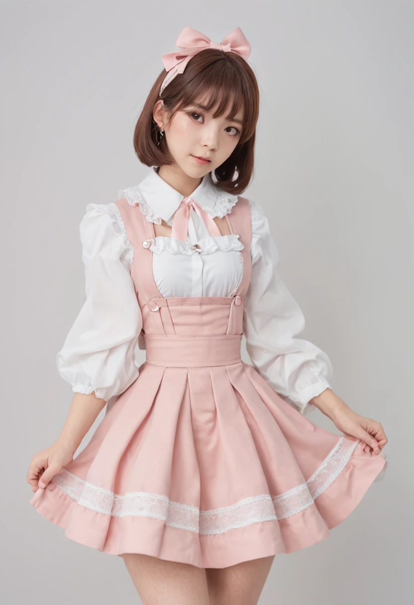 Pink shorthair、Hair is straight、Because of the bangs on the left eye、I can't see my left eye when viewed from the front.、14About the age、The look of a junior high school girl in Japan、Red eyes、Maid clothes、White collar independent(Ribbon replaces tie)、Bare skin is exposed on the chest、White boob bag、Black corset girth、Those who have exposed skin、Independent sleeves from upper arm down、Sleeve color is black、The sleeves are white and ruffled、Apron slightly shorter than skirt length from the waist down、The apron is white with ruffled borders、The skirt is black and about 15 cm above the knee、Hanging socks with a garter belt、Socks are white with knee 5cmHeight above degree、Skin is exposed from the hem of the skirt to the top of the socks.、Skinny、小柄、A slight smil、Pretty baby face、Black loafers at the feet、Katyusha on the head、The headband has decorations on the white flower buds.5Comes with pieces、The right side of the head is decorated with flowers.、Photorealistic、Skin like a real person、kawaii、small tits、high-level image quality、Large files、Small face