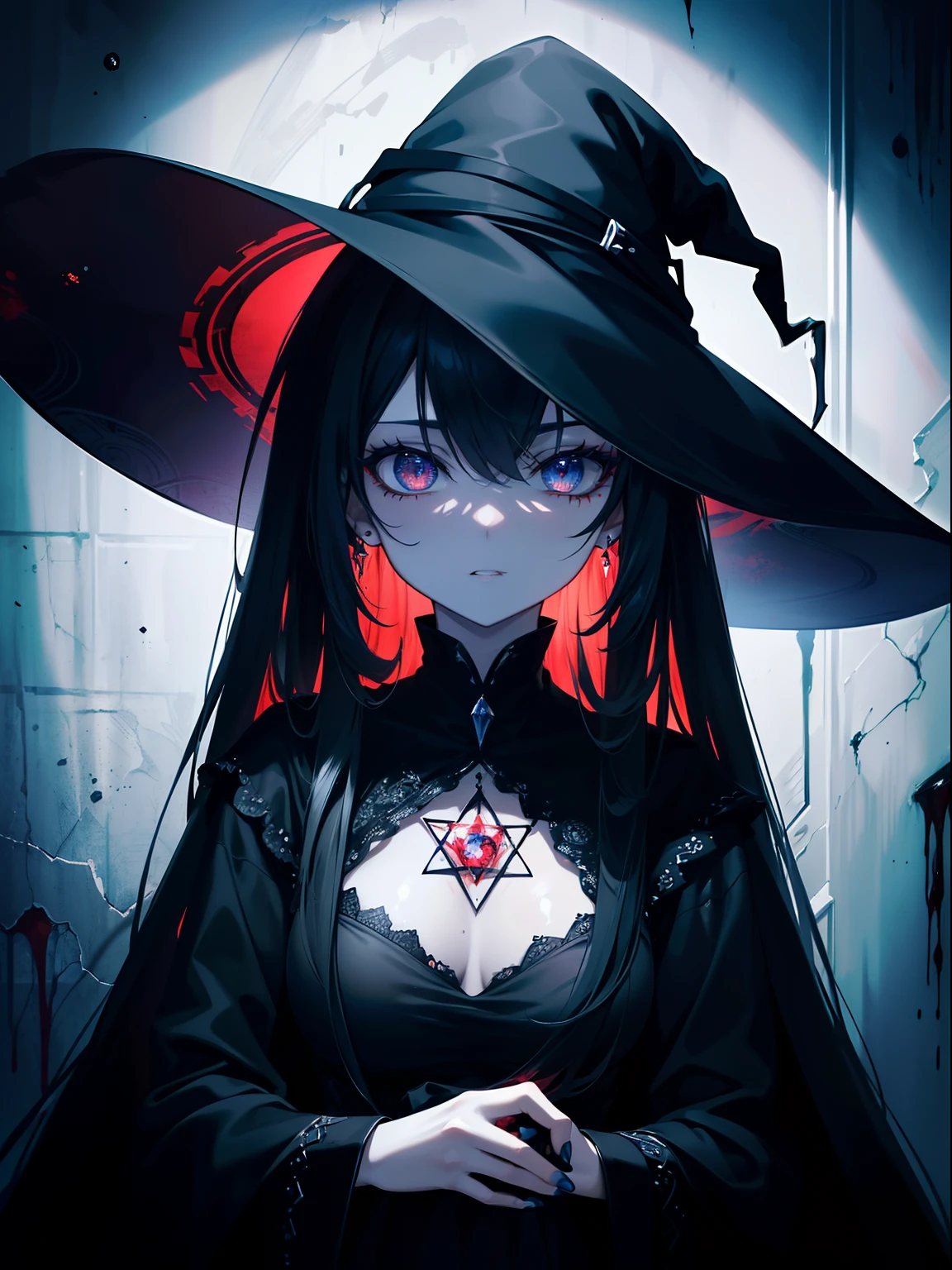 One woman,witch((despair,Tears flowing from the cross,Winding Chain)) background,(Burning bright red,A large crowd) Three-cornered hat,witchのローブ (hair,Her Eyes),red