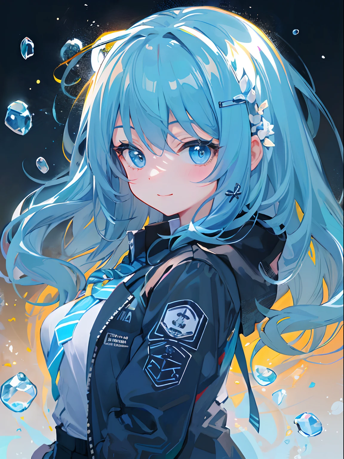 ((top-quality)), ((masterpiece)), ((ultra-detailliert)), (extremely delicate and beautiful), girl with, 独奏, cold attitude,((Black jacket)),She is very(relax)with the(Settled down)Looks,A dark-haired, depth of fields,evil smile,Bubble, under the water, Air bubble,bright light blue eyes,Inner color with light blue hair and dark blue tips,Cold background,Bob Hair - Linear Art, shortpants、knee high socks、White uniform like school uniform、Light blue ribbon ties、Clothes are sheer、Hands in pockets
