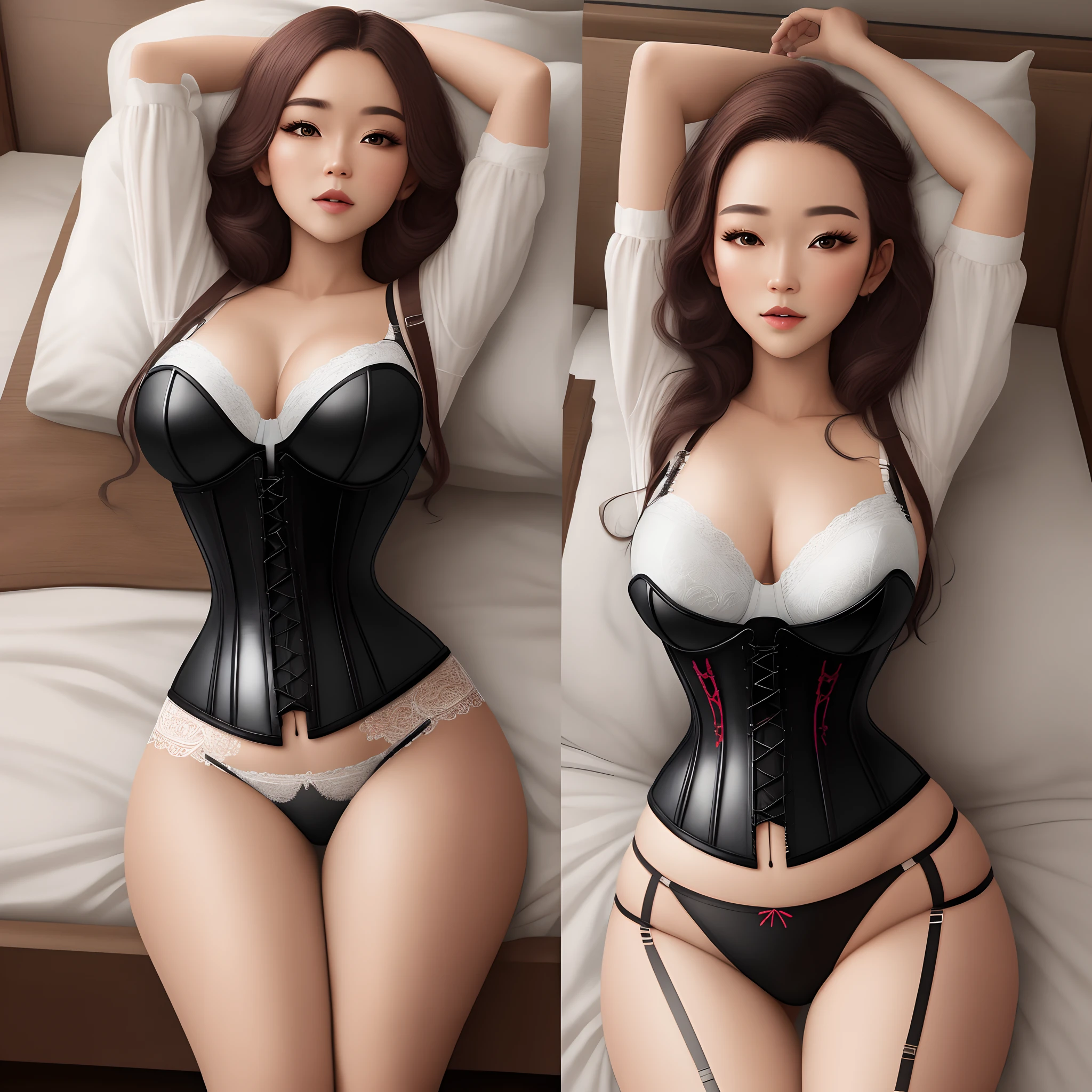Kizi,Lai bed,Only wearing underwear that is about to come down and a taut corset