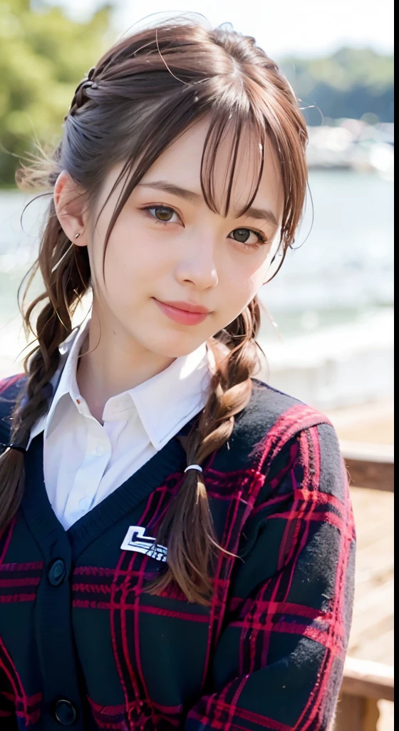 (ultra-detailliert), Tartan Check Uniform,Blue eyes,The upper part of the body、a closeup、faces、(A smile:1.1),(facing front:1.2), 20yr old, teens girl,no tail,(no tail),2D, ​masterpiece, top-quality, A detailed eye, A detailed face, girl with, Only 1 person,Brown Hair Medium Hair, (Brown hair),  Ear Hair, small tits, Single braid, (Single braid), (Side braid), Pink ribbon, Background bokeh,sea side