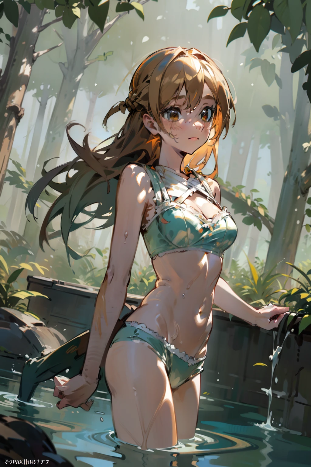 sfw,Girl with blonde hair and freckles,Girl swiming In The forest's river,1girl in,Blonde hair,Side tail,offcial art,Unity 8k,ultra-detailliert,Beautiful and aesthetic,masutepiece,top-quality,dynamic ungle,cowboyshot,Timost Beautiful Chaos Formo,Elegant,Abralist Design,vivd colour,romanticism,watercolor paiting, bra,((underwear))