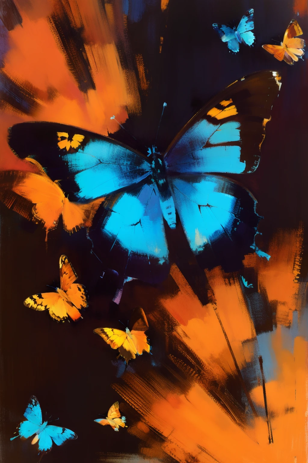 Flaming butterflies，on fire，Fragmentation，Butterflies were burned to death，Shard butterfly，The butterfly disintegrated and collapsed，The butterflies burned and collapsed，detritos，Oil painting style，blue butterflies，oil painted