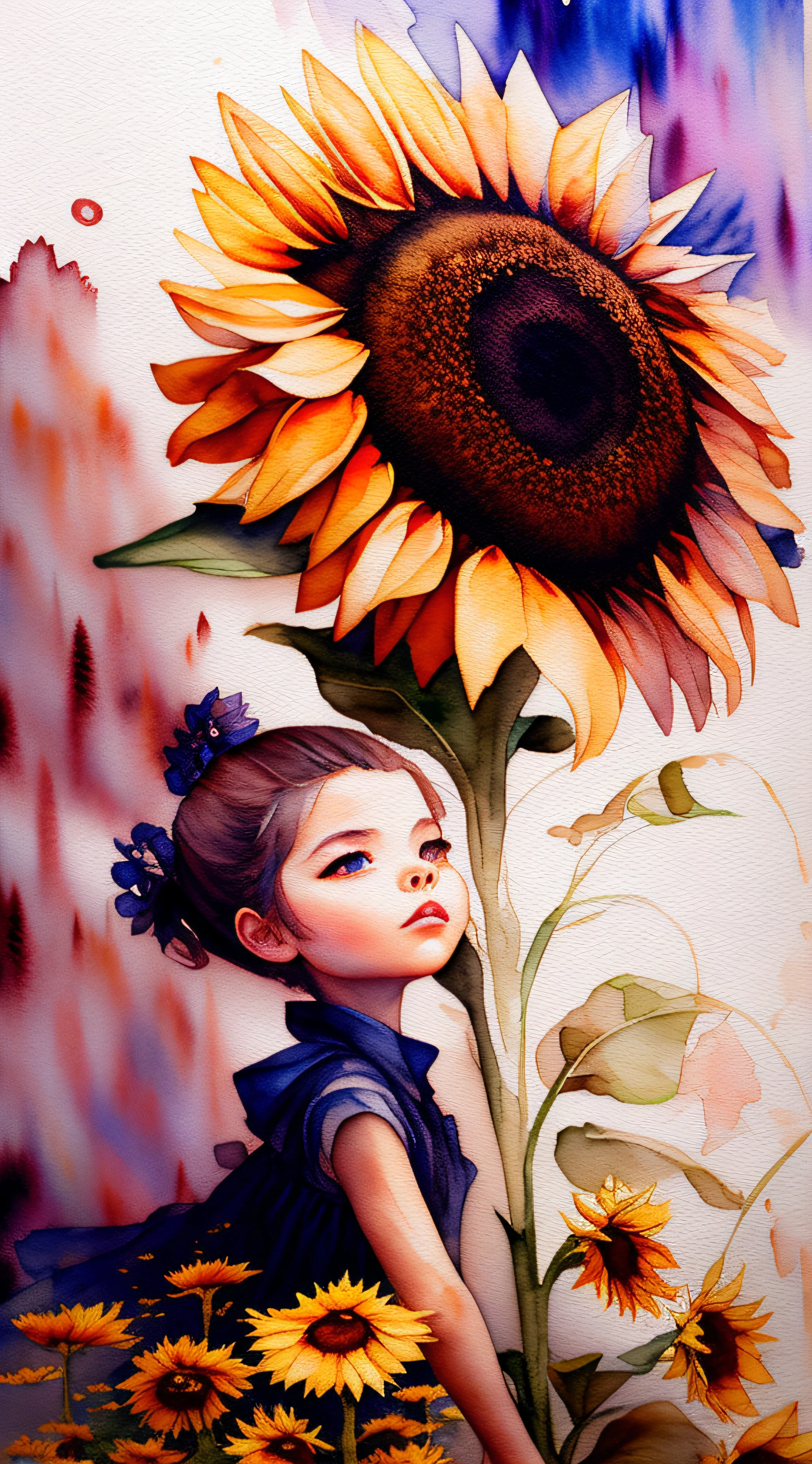 wtrcolor style, (sunflower) digital art, official art, blown by the wind, masterpiece, beautiful, ((watercolor)), paint splatter, intricate detail. Great detail, [dripping:0.7], Trending on Artstation, Rachel Walker