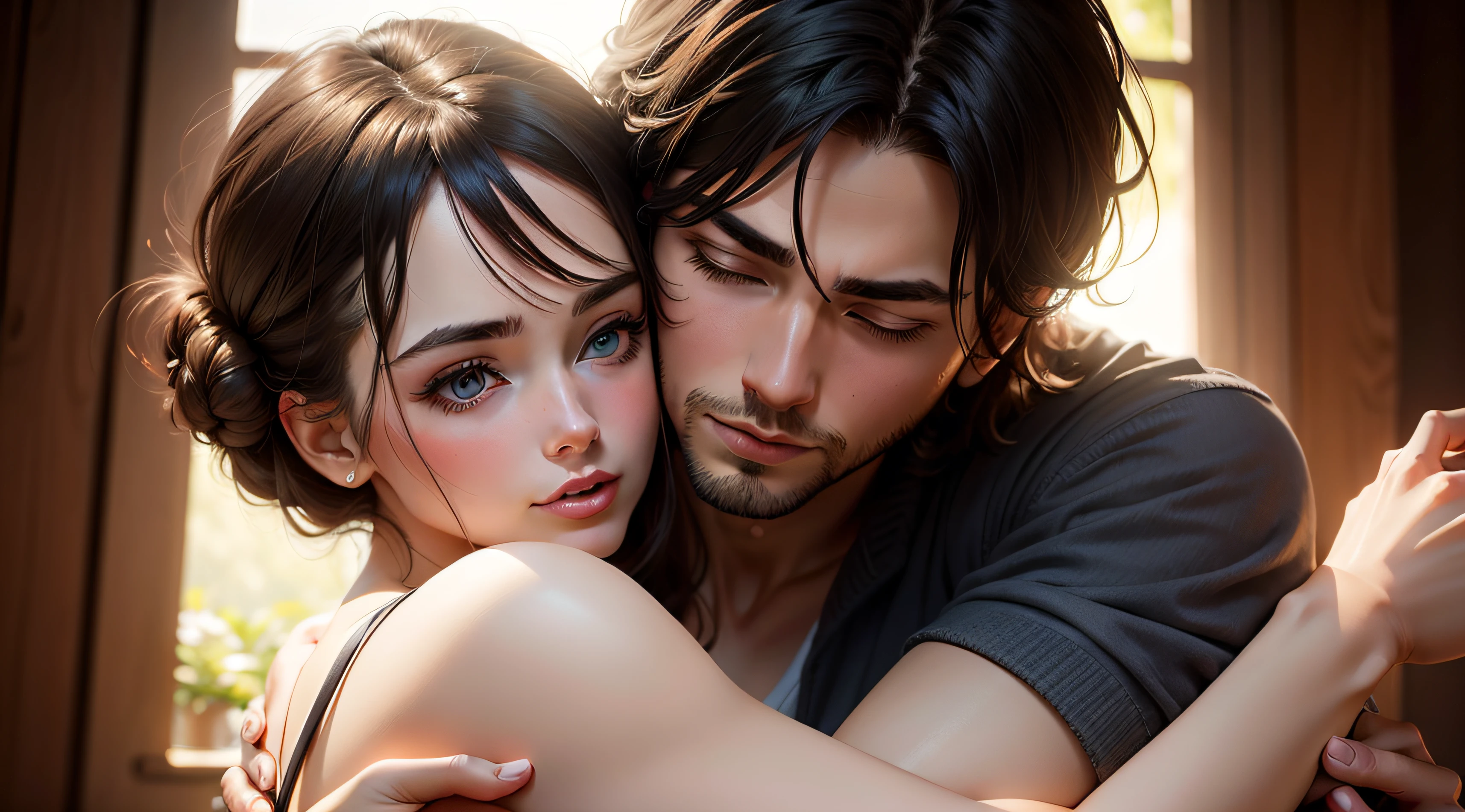 a couple consisting of a pale woman with blue eyes and jet black hair with a handsome man with a shaped body with jet black hair and dark blue eyes, making a clay figure, The two are hugging each other while shaping the figure