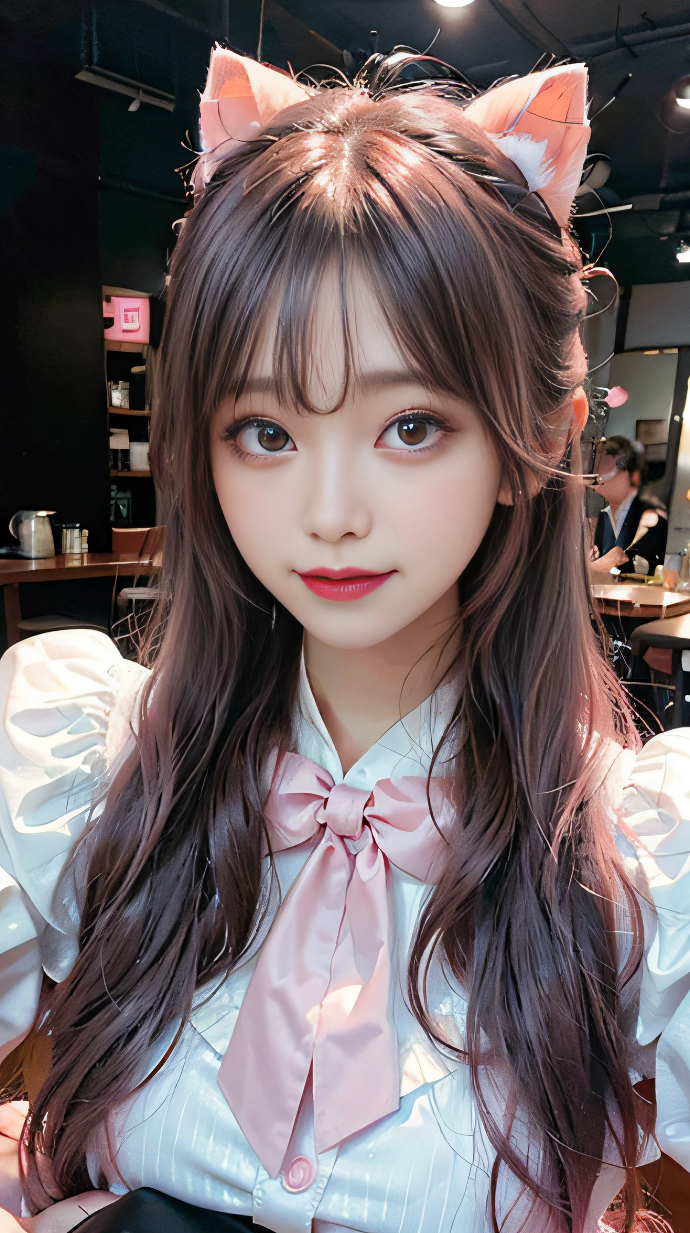 Araffe girl with long hair wearing a pink bow and a white shirt - SeaArt AI