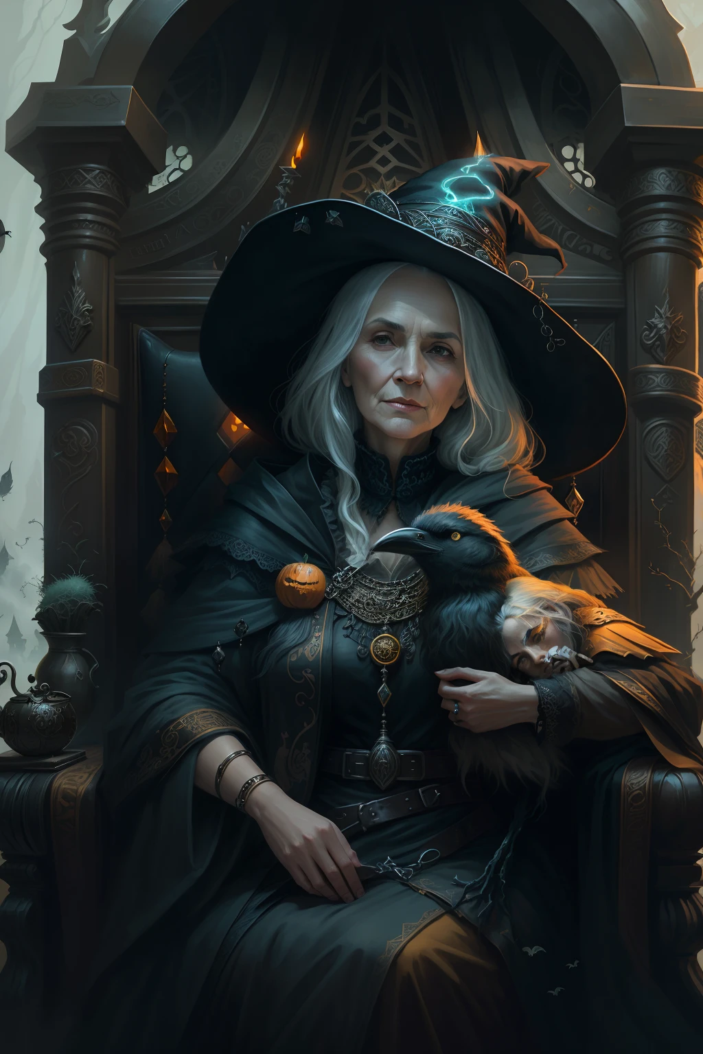 An old witch sat in a chair，Holding a crow in his arms，The old witch's face was wrinkled like oracle bones，The old witch is an old woman，Old woman's face, The old woman's lips were chapped and twisted，（tmasterpiece）， （best qualtiy）， Forcing Allah righteousness，Surrealist school of detailing，ultra - detailed， 16k，high definition resolution， Fantasy witch old woman, （1 old woman）， 独奏， White hair，cinematric light， cold light， mistic， fanciful， pumkin，The old witch sat in a chair，Holding a crow in his arms，Holding a crow，Epic fantasy digital art style, Epic Gothic fantasy art style，k hd, artgerm julie bell beeple, artgerm and rossdraws, Fantasy witch old woman, Epic dark fantasy art style， gothic fantasy art, dark fantasy concept art, queen of the underworld, an ominous fantasy illustration, dark fantasy style, fantasy dark art, sitting on intricate throne