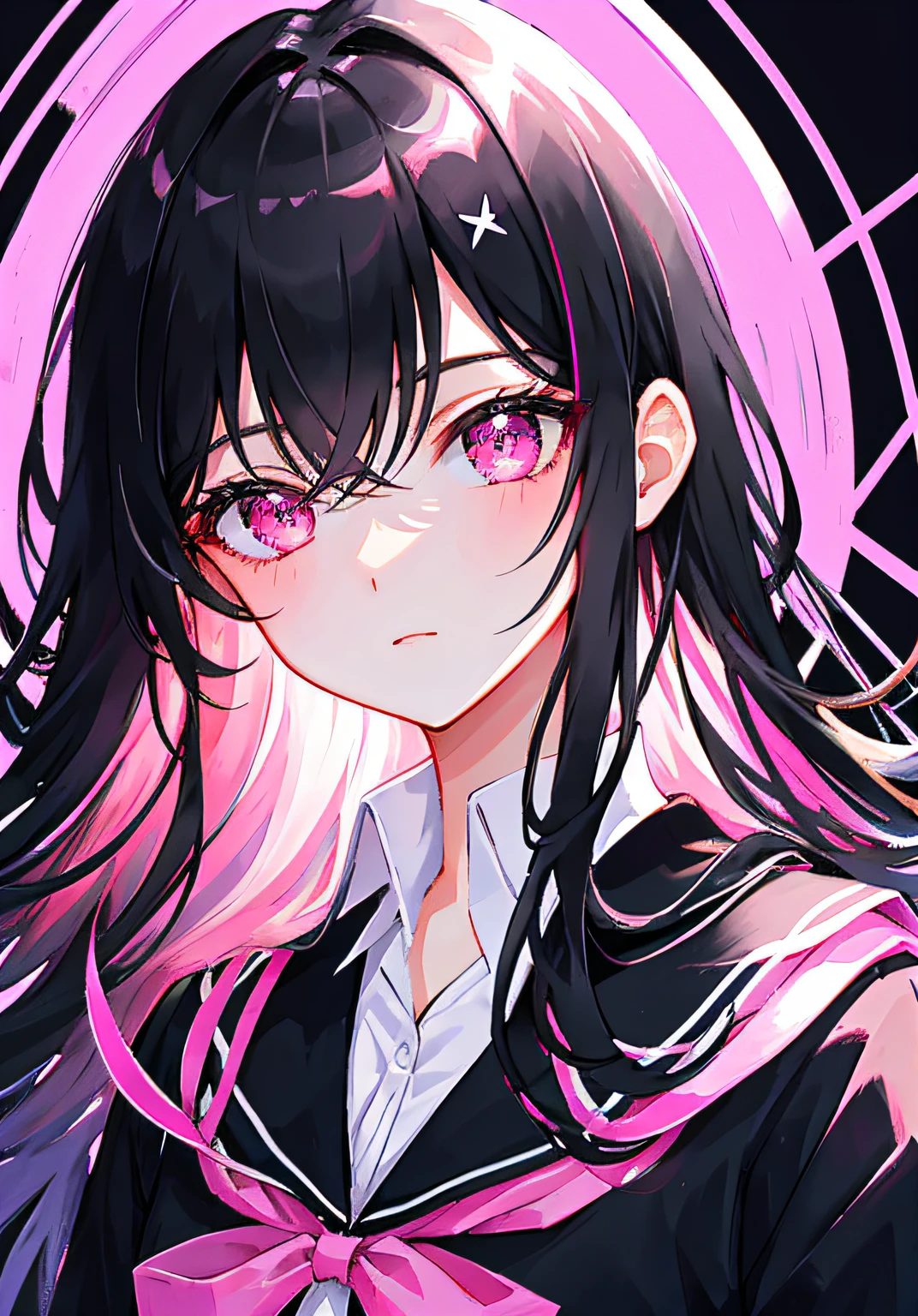 Masterpiece, Best quality, Ultra-detailed, illustration, Portrait, 1girll, black_Hair, Pink eyes, Long hair, school uniform,