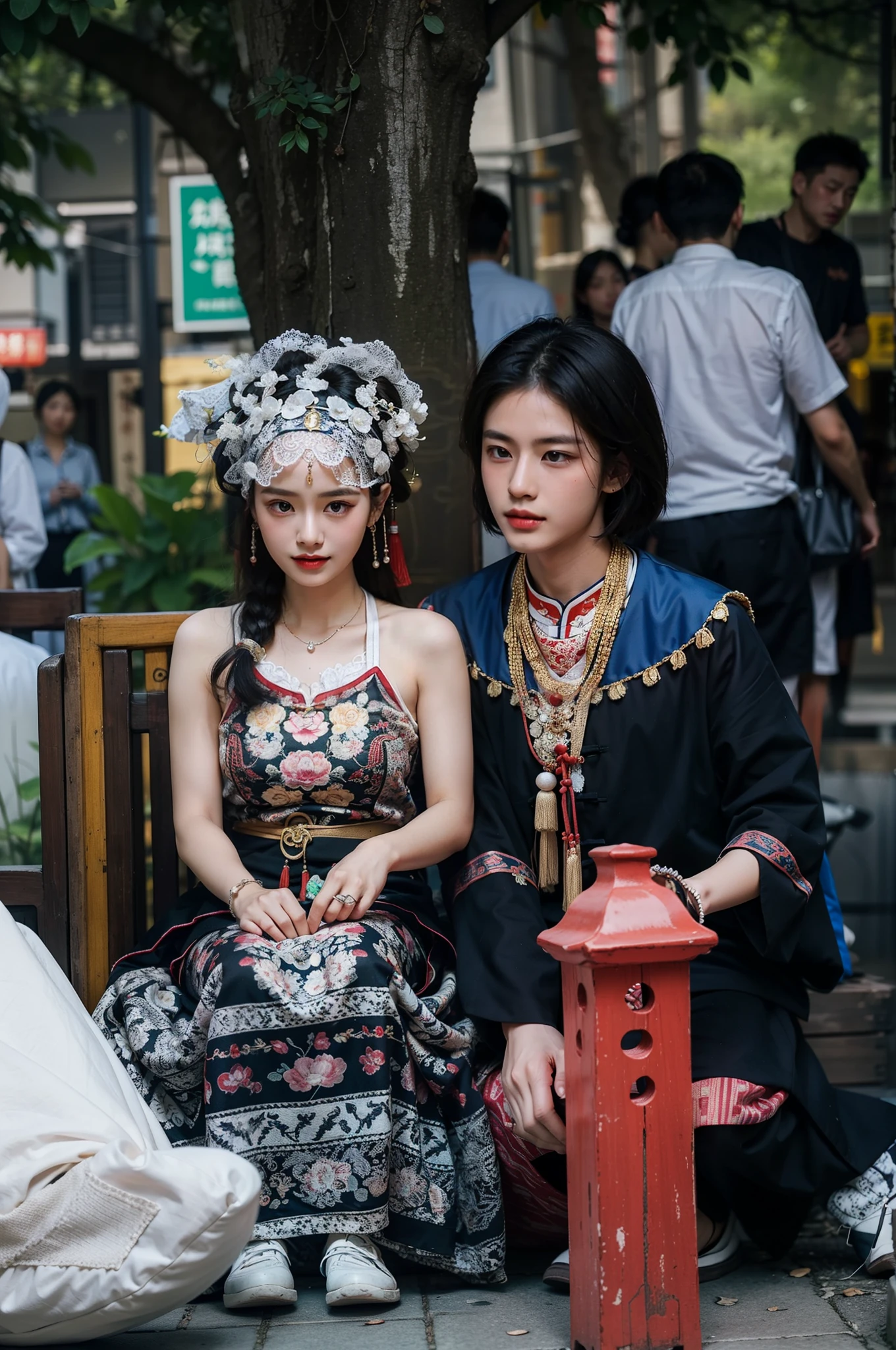 A handsome boy,Wear a black headscarf,Traditional Chinese jewelry,