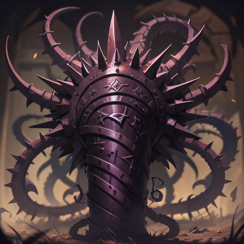 Heavy spiked mace wreathed in writhing shadows, inky tendrils creep along runes of evil power