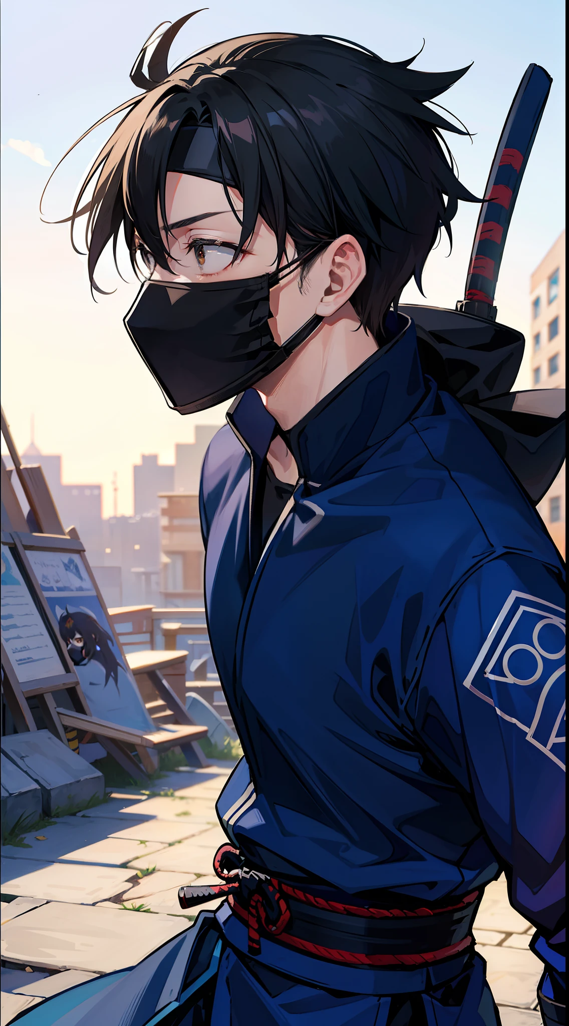 Grown-up guy, ninja, Blue Shinobi Uniform, Brown eyes, mask, Masterpiece, hiquality