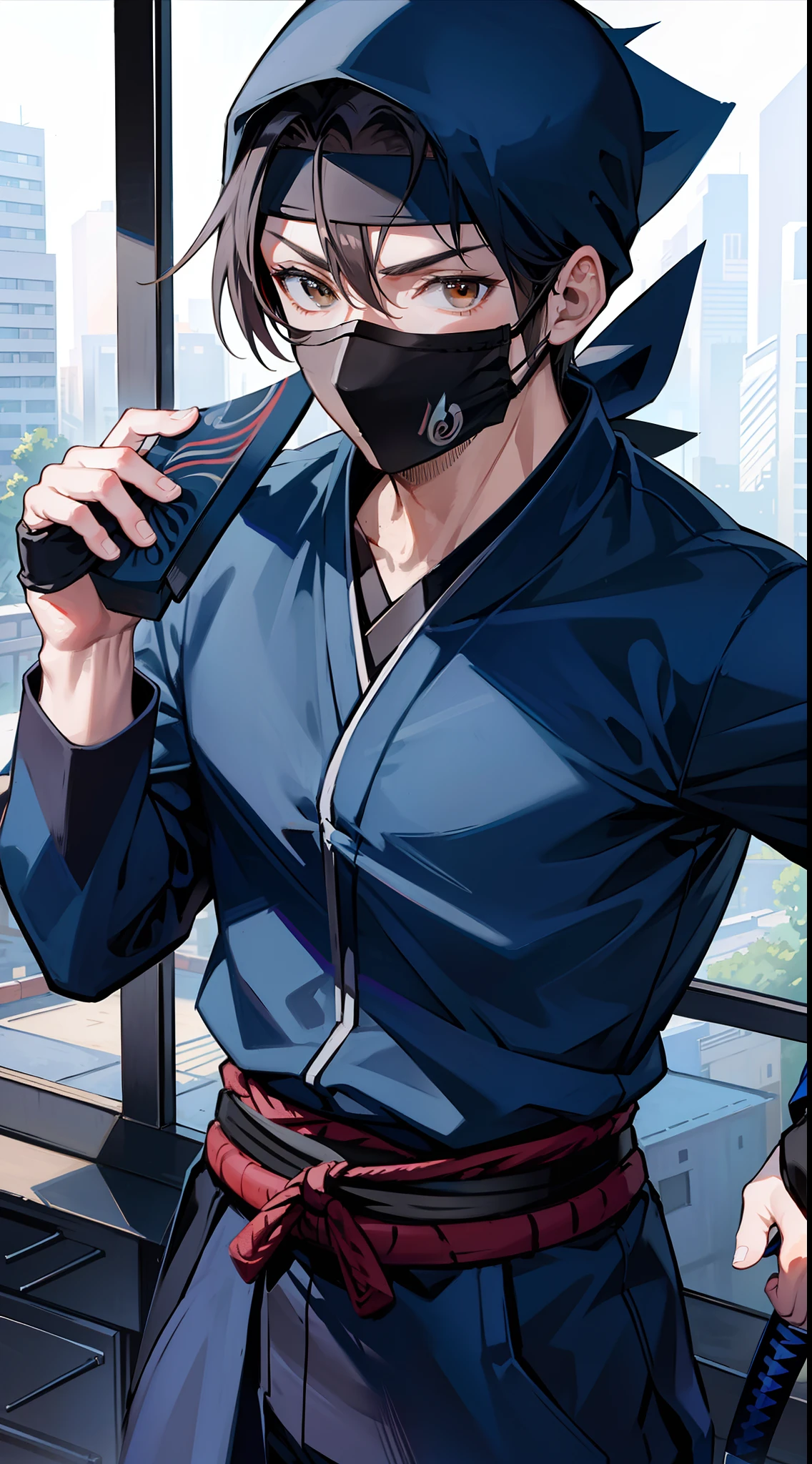 Grown-up guy, ninja, Blue Shinobi Uniform, Brown eyes, mask, Masterpiece, hiquality