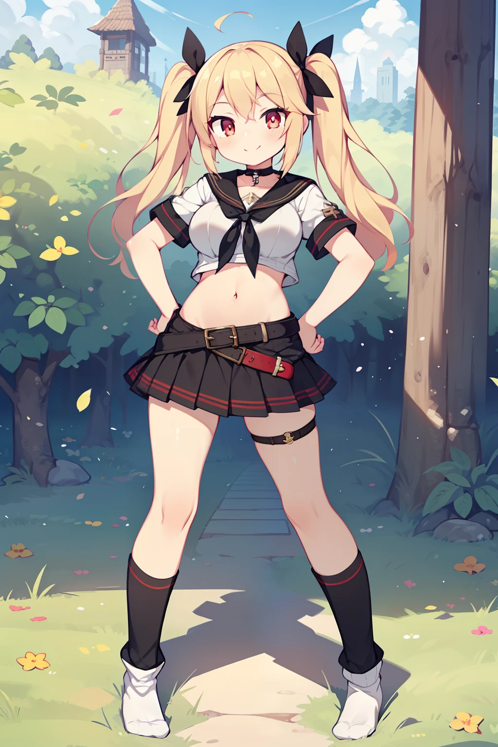1girl in, (Solo:1.2), (Perfect body:1.1), (Best Quality:1.1), Cute Girl, Tsundere:1.1, (student clothes:1.4), (tiered layers skirt:1.2), very large breast, a blond, Long twintails, Black Ribbon Hair Fastening, Tsuriformes, sharp eye, Sanpaku eyes, (Seductive smile:1.5), Noble atmosphere, Fine-grained skin, (Choker with a cross:1.1), View of the valley, Navel Ejection, Raw feet, a belt on the thighhigh, Bright red eyes, Shining eyes, (NSFW:0.8), 8K, a belt on the thighhigh, Skinny Legs, School grounds with grass, full body seen, (Looking down here:1.2), (Loose socks:1.3), I don't have anything in my hands, No one around, hands on hip,