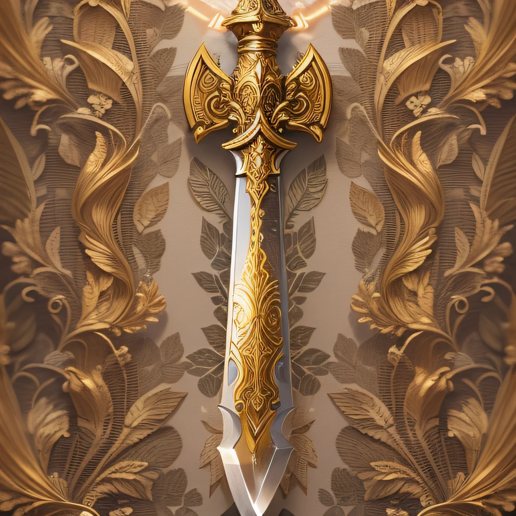 Ornate spatha sword, divine light radiates from blessings of angels engraved on the golden blade
