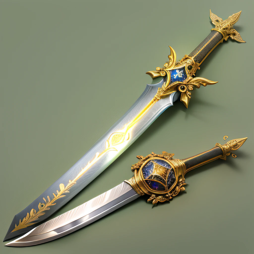 Ornate spatha sword, divine light radiates from blessings of angels engraved on the golden blade