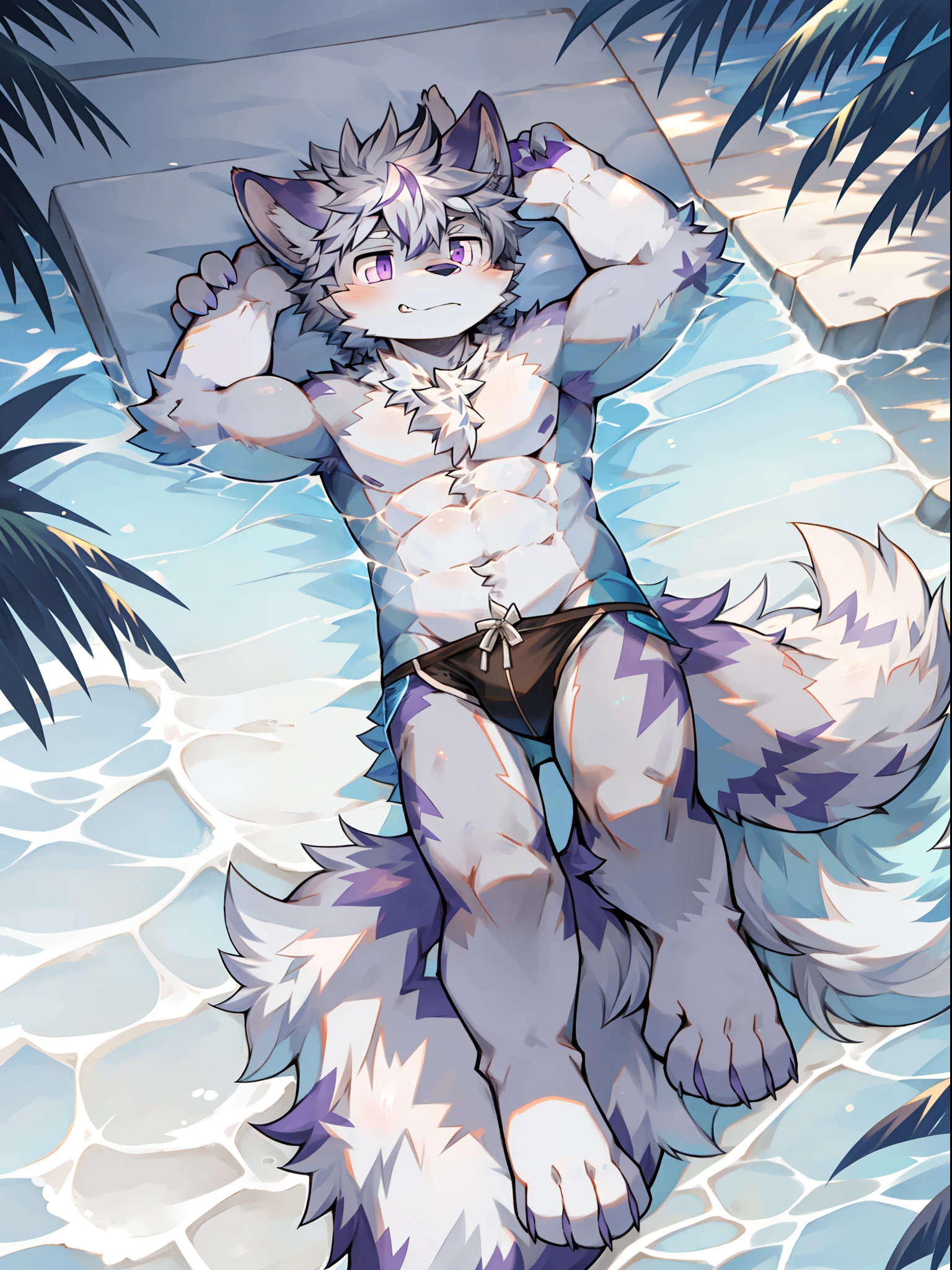 solo person,独奏,Full body like,shaggy male,hairy bodies,Correct male human anatomy,Detailed double eyes,glowing light eyes,shoun,coyote,male people,canid,Gray fur,with short white hair,The ends of the hair are purple,Purple eye,drools,Bullied,adolable,Handsome,large tail,full bodyesbian,sea beach,summer day,rays of sunshine,swim wears,Lie flat on your back,The waves wash over the body