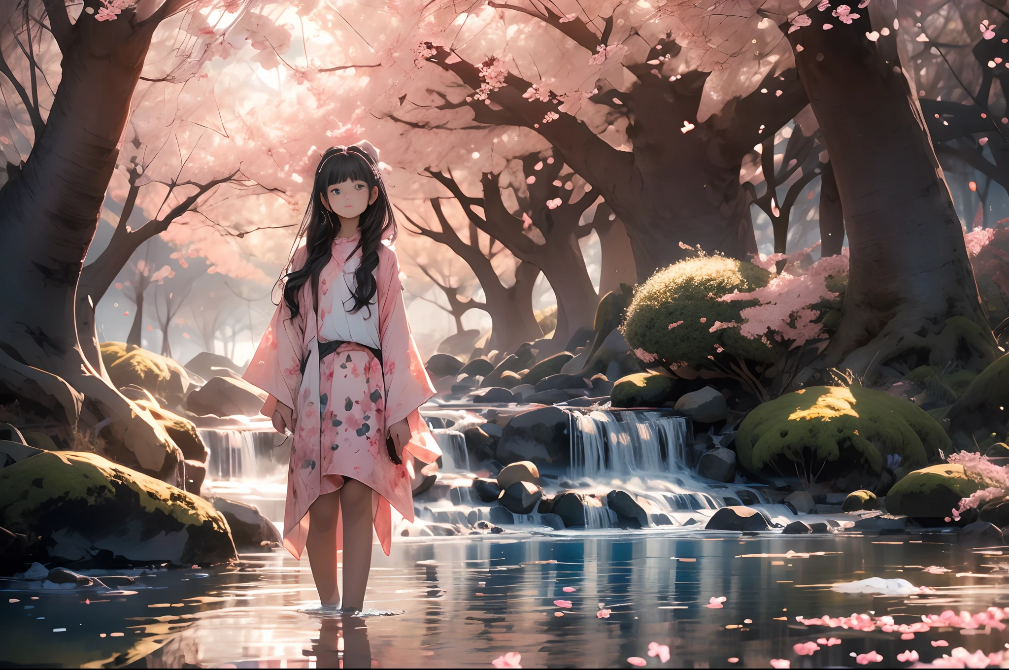 "A serene girl bathed in the soft pink hues of cherry blossoms"
