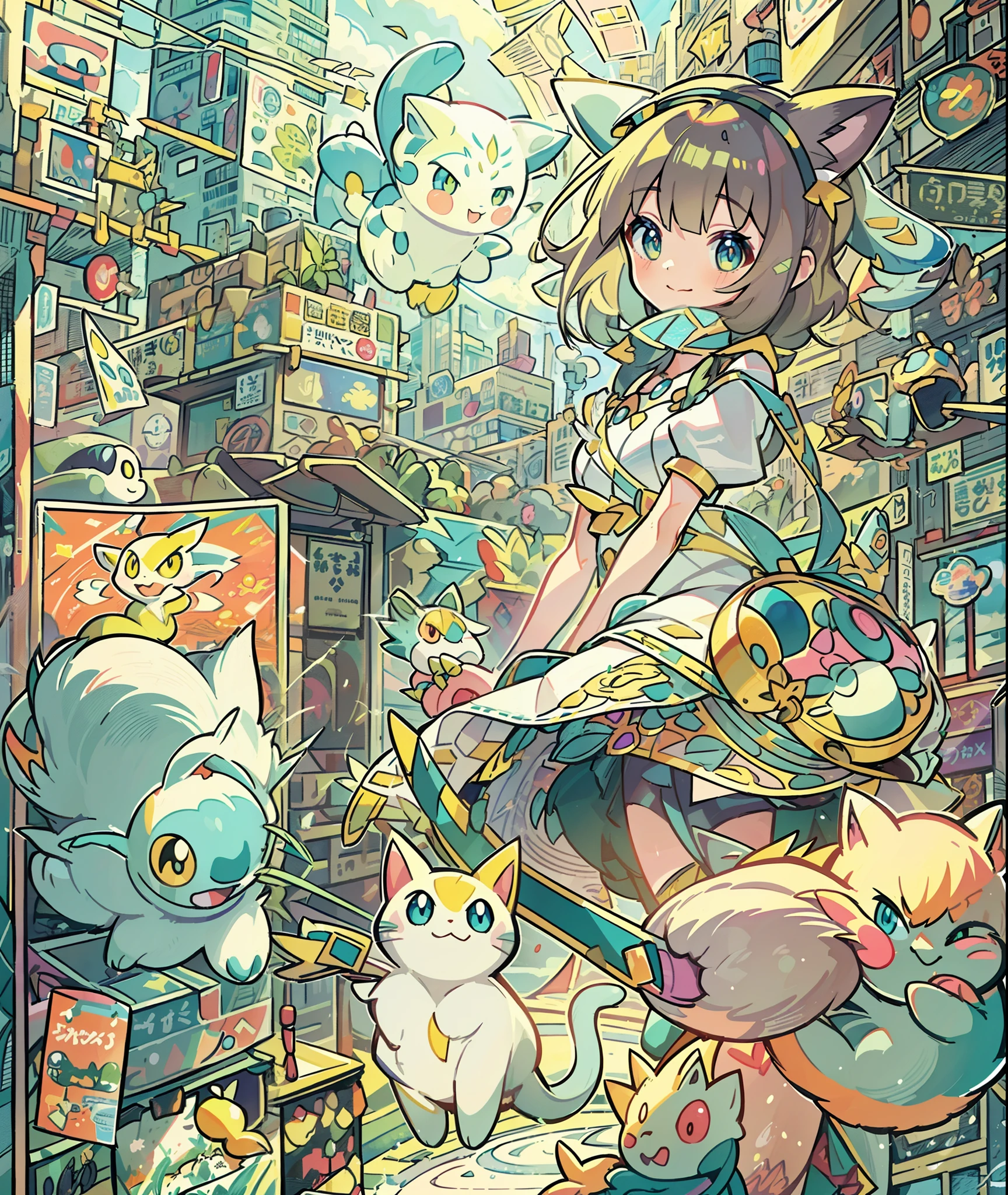 1girl in,A pokémon_The card,(top-quality), (high_quality), (Convoluted_Details), (ultra-detailliert), (illustratio), (Distinct_image),saito_naoki,city scenery、Rainbow View、With cats（（Cute cat１.５））