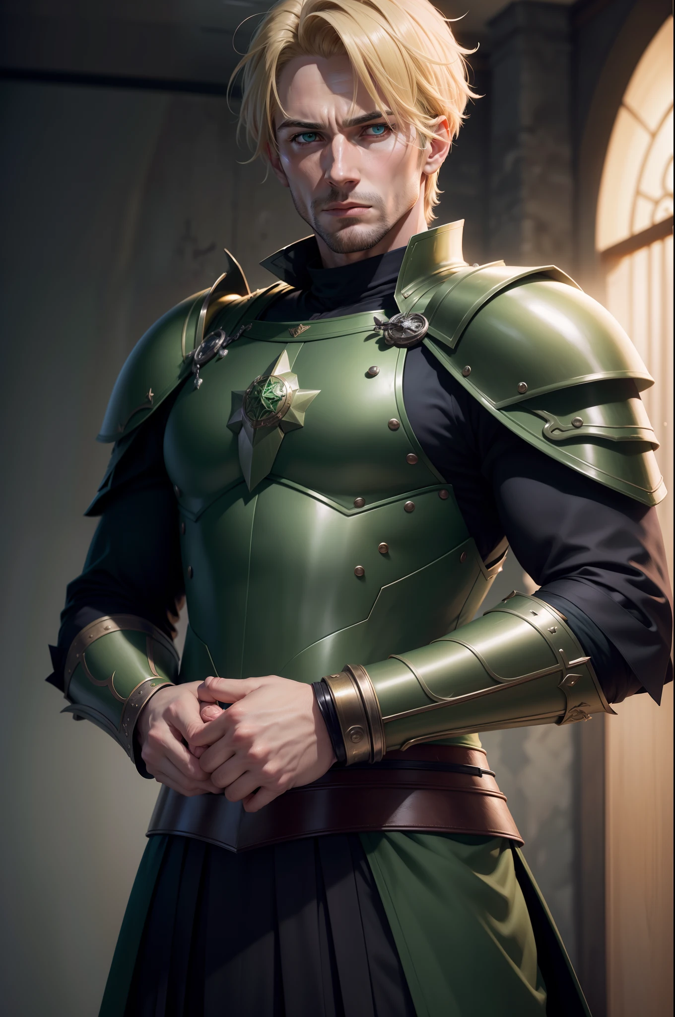 Realistic 8K image of a handsome man in his 30s, blond with short hair, strong, extremely detailed green eyes, dressed in dark clerical clothes and with dark green RPG warrior style shoulder pads, nodding expression, standing in a interrogation room, anime style artwork