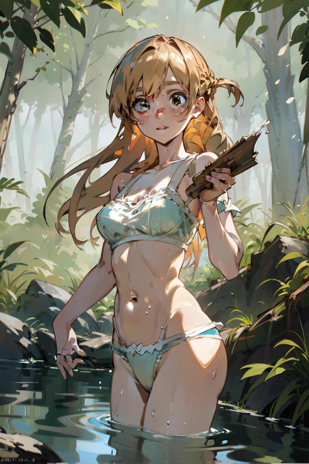 sfw,Girl with blonde hair and freckles,Girl swiming In The forest's river,1girl in,Blonde hair,Side tail,offcial art,Unity 8k,ultra-detailliert,Beautiful and aesthetic,masutepiece,top-quality,dynamic ungle,cowboyshot,Timost Beautiful Chaos Formo,Elegant,Abralist Design,vivd colour,romanticism,watercolor paiting, bra,((underwear))