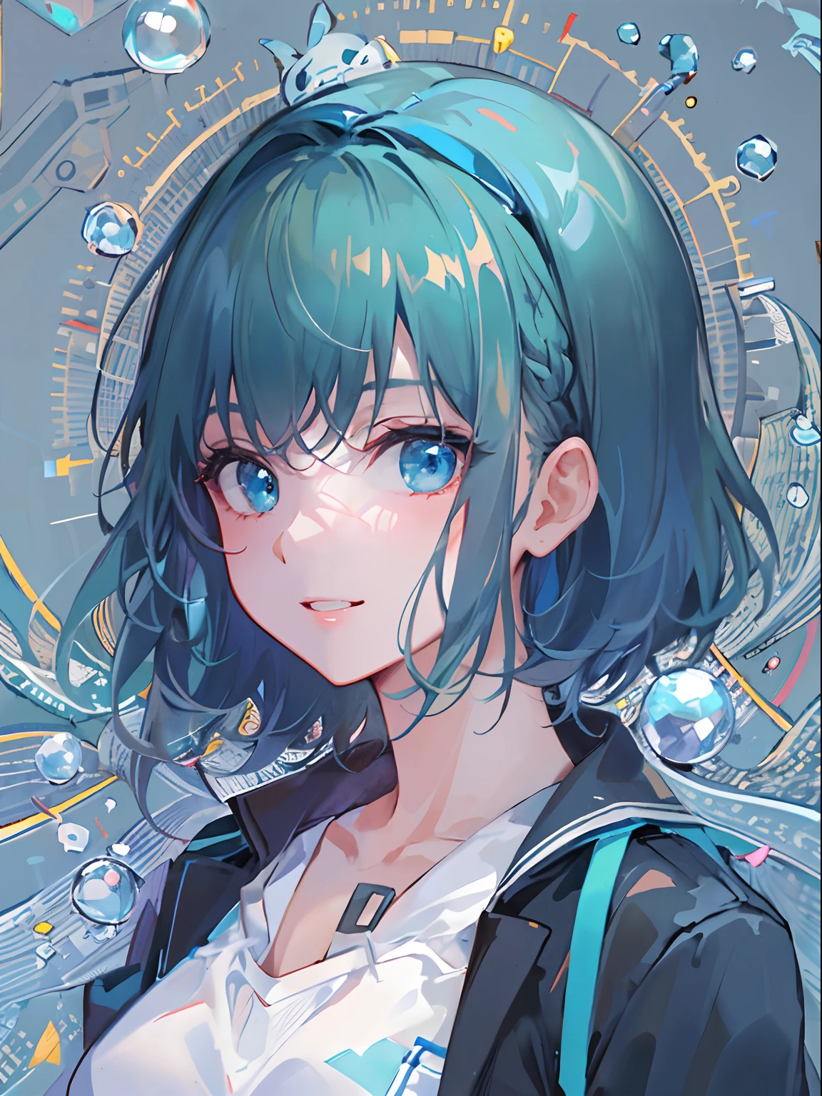 ((top-quality)), ((masterpiece)), ((ultra-detailliert)), (extremely delicate and beautiful), girl with, 独奏, cold attitude,((Black jacket)),She is very(relax)with the(Settled down)Looks,A dark-haired, depth of fields,evil smile,Bubble, under the water, Air bubble,bright light blue eyes,Inner color with light blue hair and dark blue tips,Cold background,Bob Hair - Linear Art, shortpants、knee high socks、White uniform like school uniform、Light blue ribbon ties、Clothes are sheer、Hands in pockets