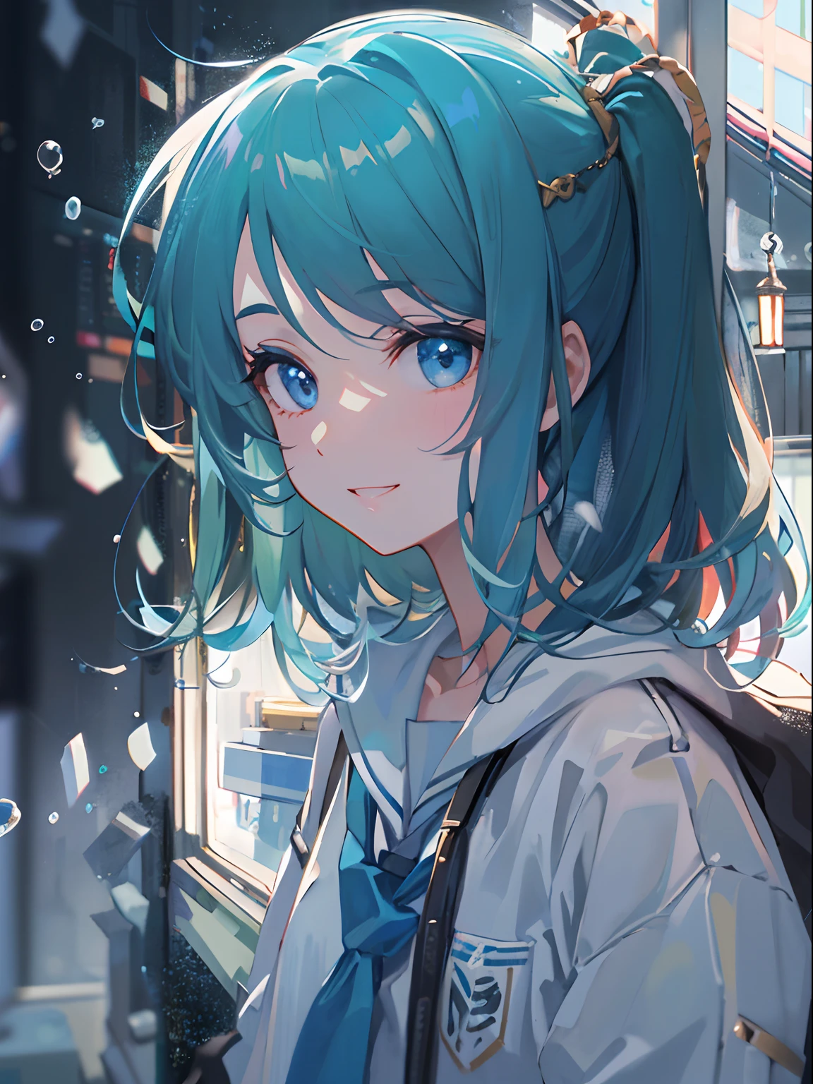 ((top-quality)), ((​masterpiece)), ((ultra-detailliert)), (extremely delicate and beautiful), girl with, 独奏, cold attitude,((Black jacket)),She is very(relax)with  the(Settled down)Looks,A dark-haired, depth of fields,evil smile,Bubble, under the water, Air bubble,bright light blue eyes,Inner color with light blue hair and dark blue tips,Cold background,Bob Hair - Linear Art, shortpants、knee high socks、White uniform like school uniform、Light blue ribbon ties、Clothes are sheer、Hands in pockets
