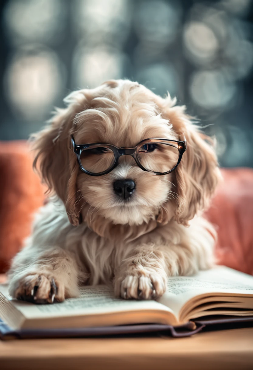 Cute puppy wearing glasses and studying a book