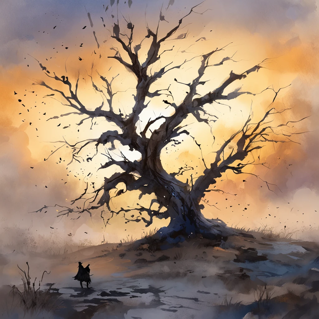 Two crows on a dead tree, A shadow shaped like a walker, Starry night, Thick fog on the ground, Blue light on the horizon, Unreal Engine 5, Cinematic, low angle photography, Motion blur, Depth of field, Dust, Cobblestones and dirt. Splash Art, dripping paint. Perfect color grading. Influenced by Karel Appel and Jeremy Mann, Full of dramatic and threatening scenes, Hyper-detailed, Beautiful, insanely details, Intricate details, editorial photography, shot with a 50mm lens, Depth of field, Tilt Blur, Shutter speed 1/1000, f/22. Lightmaps, Super bright