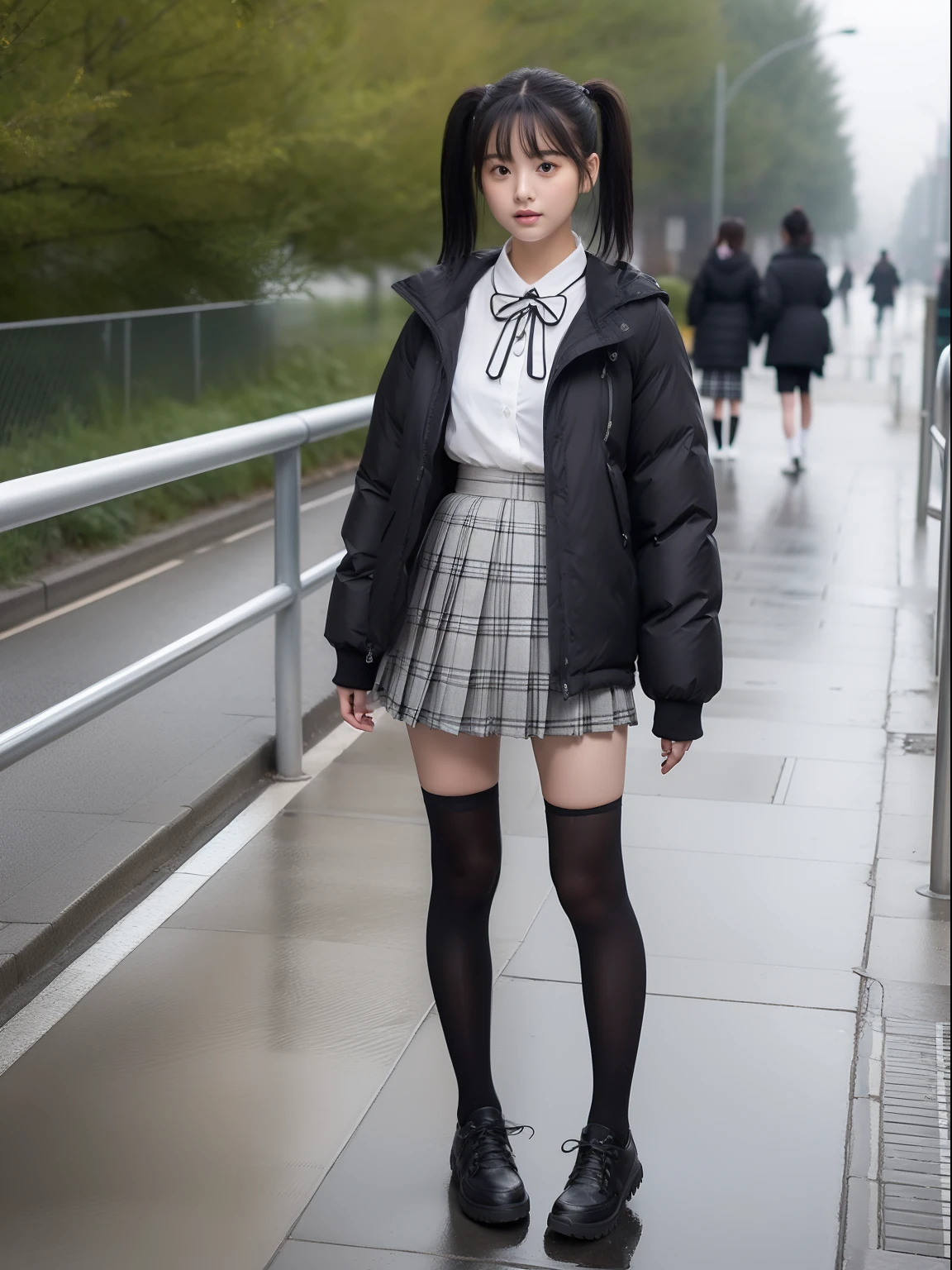 Knees,年轻,(Plaid white pleated skirt),flat breast,Gray ribbon at chest..............,Black blouse,parka,high socks,Pupils,teens girl,A dark-haired,Twin-tailed,poneyTail,delicate and petite body,Wet walkway