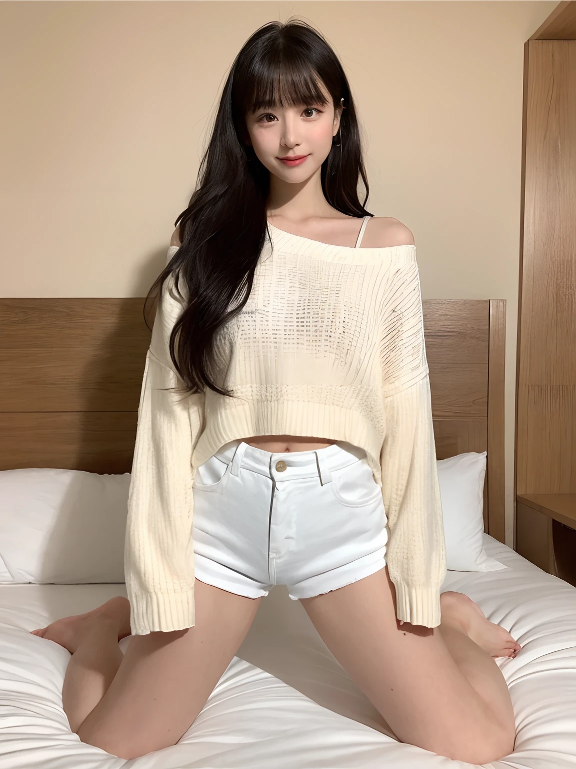 full body Esbian、opened legs、see-through underware、Bedrooms、stright long hair、bangss