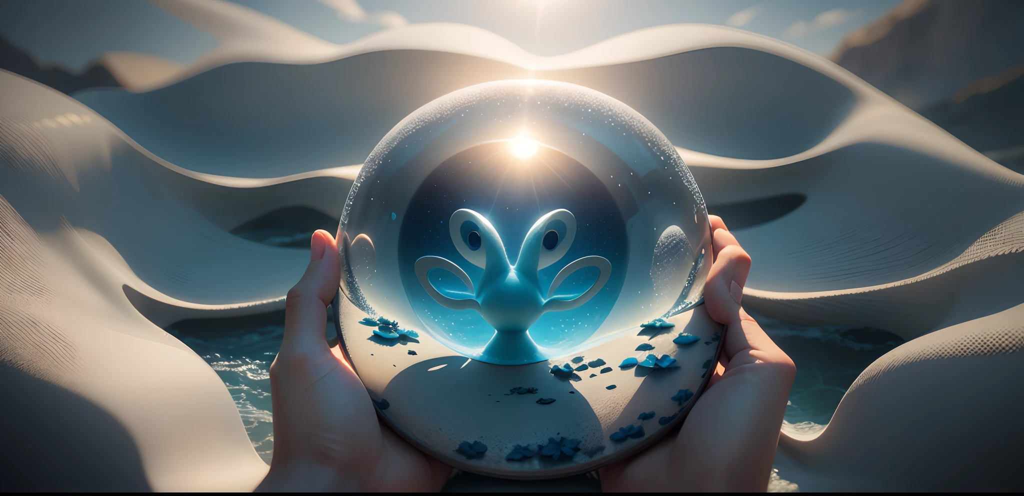 photorealestic，Realiy，Beautiful and enchanting scenery，rays of sunshine，blue-sky，Blue flowers，High hills，the sea，Glass texture，Close-up Shot Shot，dreamy scenes，high detal，Stunning graphics，32K，Bird's eye view