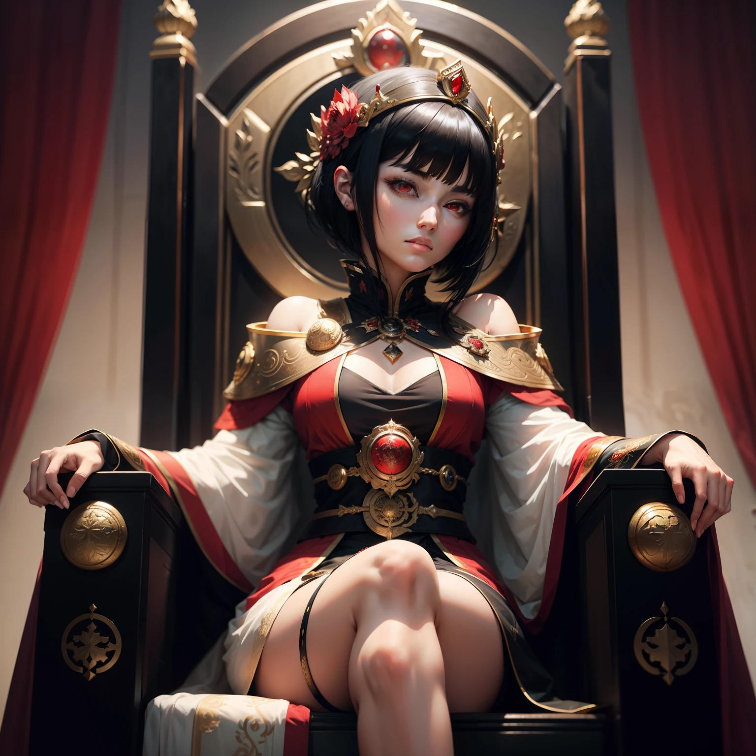 The female emperor sitting on the throne,Black hair and red eyes,Short hair,Highest image quality