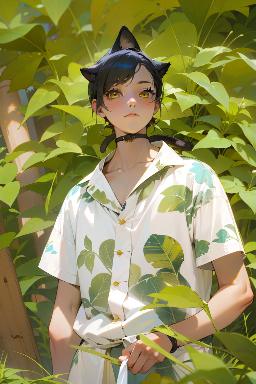 1girl,shota,(high-definition quality,Masterpiece level),Fresh and cold girl character,Cat ears and cat tail accentuate the character's sense of belonging,The yellow eyes and the color of the white hair echo each other,The clean lines of the yellow ancient clothing show the dignified and confident character of the character,The cute temperament is lovely。without background,Blank screen, k hd,tmasterpiece, white backgrounid