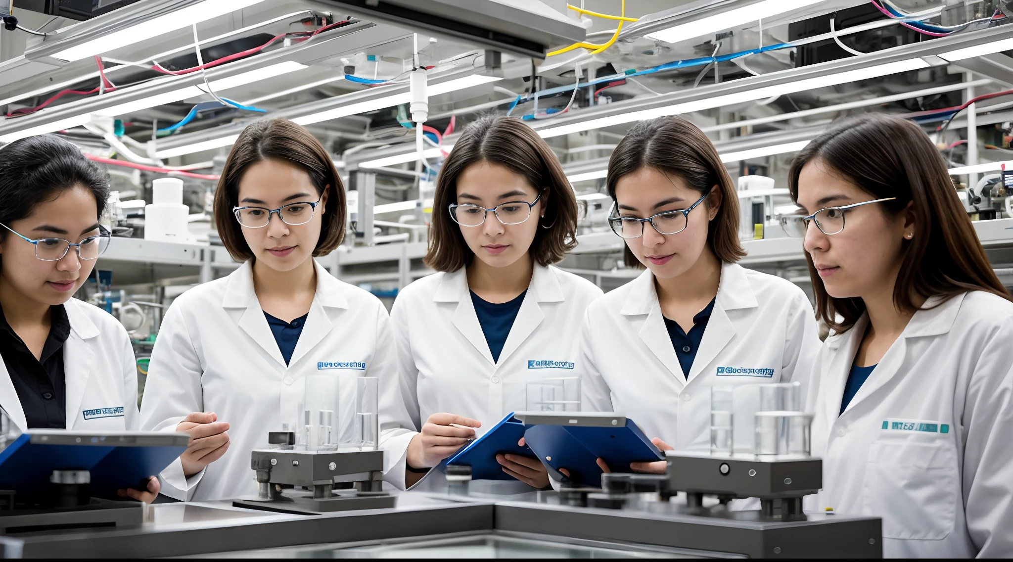 instagram photo, closeup face photo A group of women scientists in a bustling laboratory, conducting experiments and collaborating, determined, diverse, Canon EOS 5D Mark IV with 24-70mm f/2.8 lens, bright overhead lighting, documentary photography.