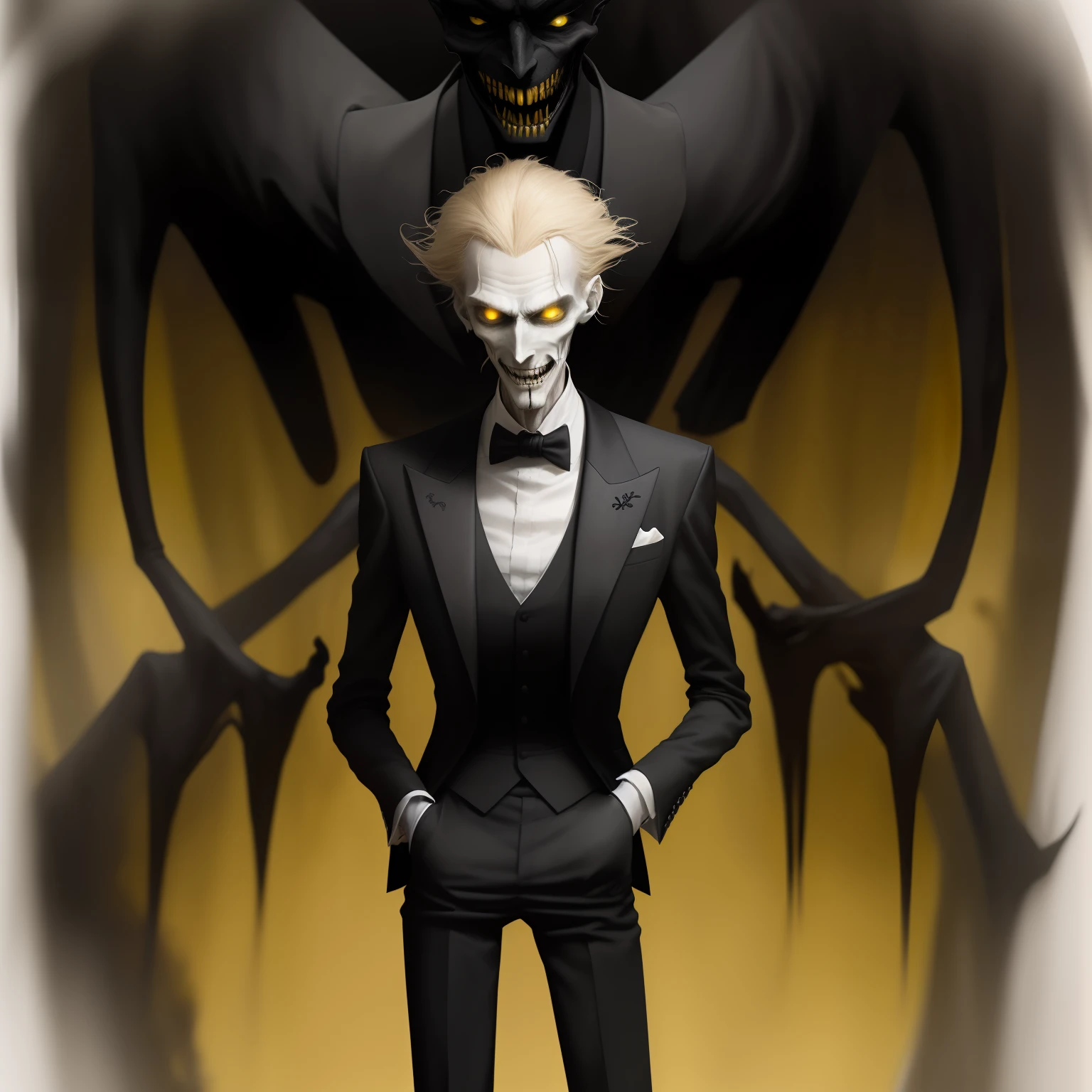 A slender and tall figure with long arms reaching down to his knees, eyes yellow and devilish, a hauntingly large and wide grin, standing in darkness, bewildered & black and neatly combed hair, while wearing a dinner jacket resembling a butler's attire