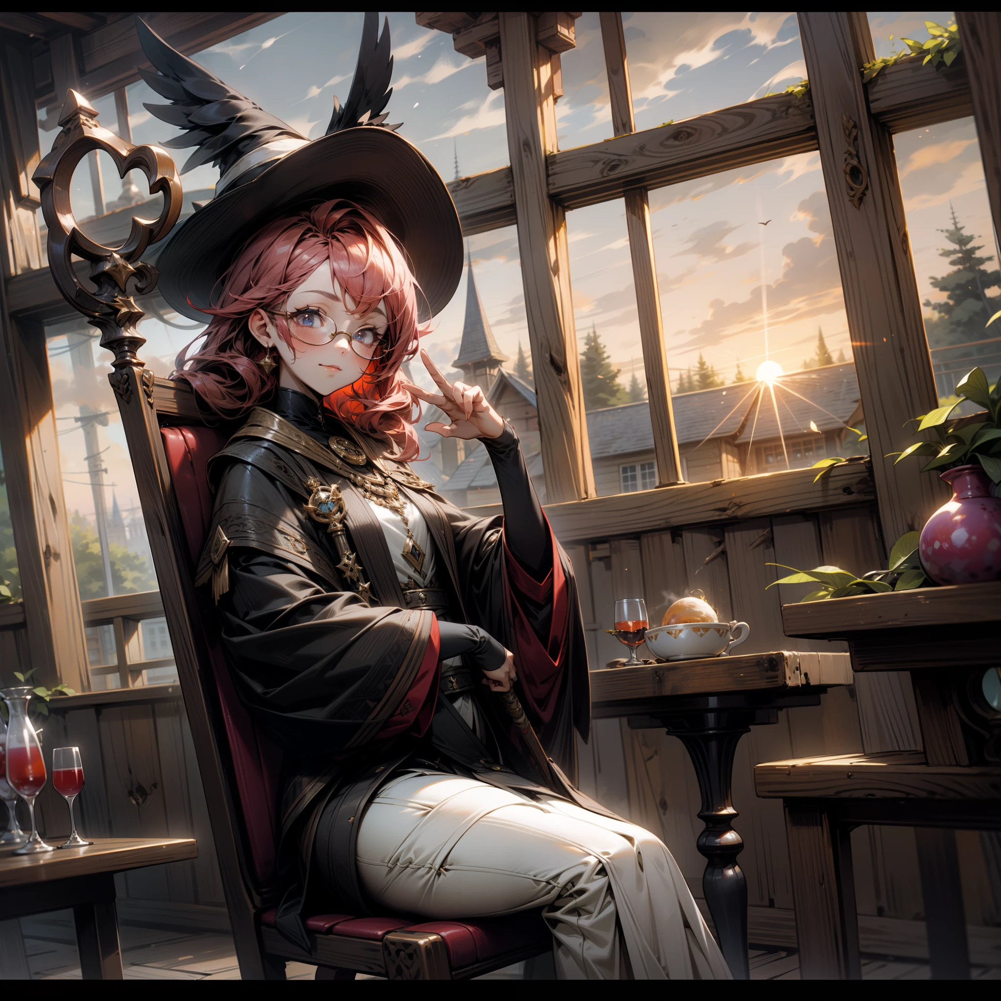 teens girl，Wizard's Hat，magical staff，Wizard costume，largeeyes，Half-rimmed glasses，waved hair，a chair，（lewd poses（sit on chair，Holding a staff in his right hand，Raise your right hand forward，Draw a magic array in the air with your left hand）），（Scenes（dead tree，wooden cabin，A crow，the setting sun，Burning clouds）），High rating，ultraclear，16k