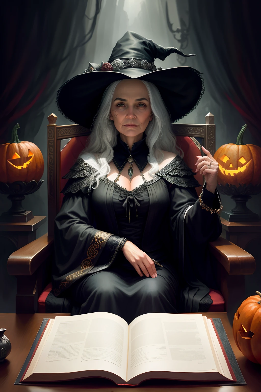 An old witch sits in a chair with a crow in her arms,The old witch's face was wrinkled like oracle bones,The old witch is an old woman,The face of the old woman, the old woman, the witch, was covered with scars and moles,Like the cruel mark left by the demon himself in the dark,(tmasterpiece), (best qualtiy), Forcing Allah righteousness,Surrealist school of detailing,ultra - detailed, 16k,high definition resolution, Fantasy witch old woman, (1 old woman), 独奏, White hair,cinematric light, cold light, mistic, fanciful, pumkin,The old witch sat in a chair,Holding a crow in his arms,Holding a crow,Epic fantasy digital art style, Epic Gothic fantasy art style,k hd, artgerm julie bell beeple, artgerm and rossdraws, Fantasy witch old woman, Epic dark fantasy art style, gothic fantasy art, dark fantasy concept art, queen of the underworld, an ominous fantasy illustration, dark fantasy style, fantasy dark art, sitting on intricate throne