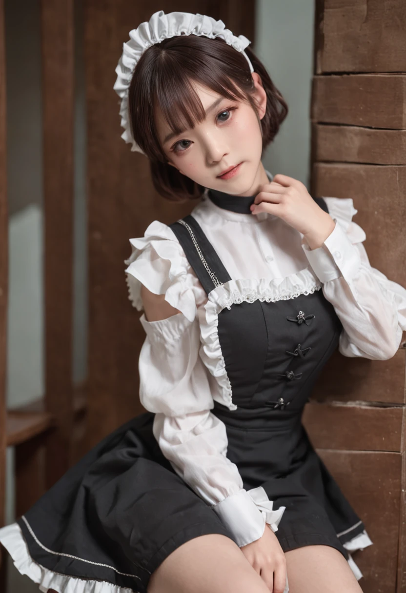 masuter piece、4k 8k、Hi-Res、Pink shorthair、Hair is straight、Because of the bangs on the left eye、I can't see my left eye when viewed from the front.、14About the 、The look of a junrl in Japan、Red eyes、Maid clothes、White collar independent(Ribbon replaces tie)、Bare skin is exposed on the chest、White boob bag、Black corset girth、Those who have exposed skin、Independent sleeves from upper arm down、Sleeve color is black、The sleeves are white and ruffled、Apron slightly shorter than skirt length from the waist down、The apron is white with ruffled borders、The skirt is black and about 15 cm above the knee、Hanging socks with a garter belt、Socks are white with knee 5cmHeight above degree、Skin is exposed from the hem of the skirt to the top of the socks.、Skinny、小柄、A slight smil、Pretty baby face、Blac feet、Katyusha on the head、The headband has decorations on the white flower buds.5Comes with pieces、The right side of the head is decorated with flowers.、Photorealistic、Skin like a real person、kawaii、small tits、high-level image quality、Large files、Small face、The contours of the face are close to round faces、