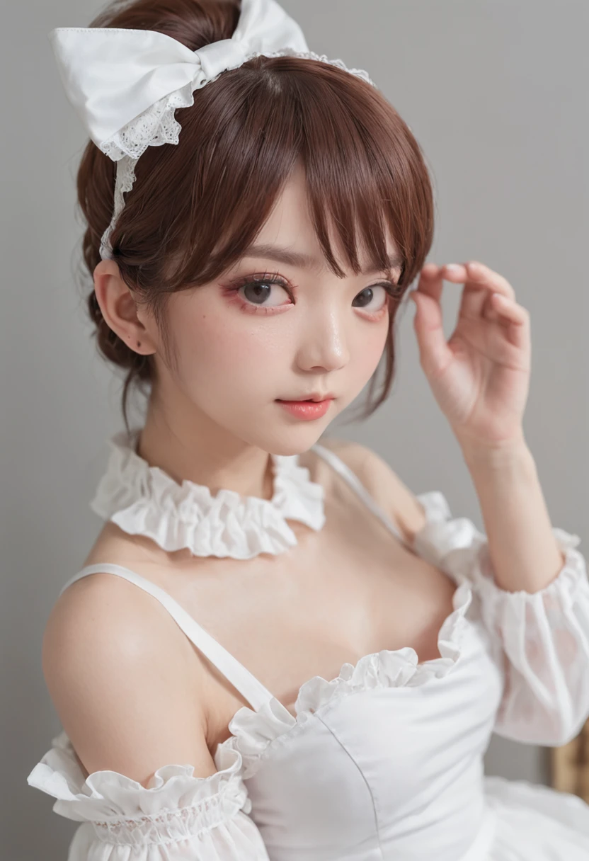 masuter piece、4k 8k、Hi-Res、Pink shorthair、Hair is straight、Because of the bangs on the left eye、I can't see my left eye when viewed from the front.、14About the 、The look of a junrl in Japan、Red eyes、Maid clothes、White collar independent(Ribbon replaces tie)、Bare skin is exposed on the chest、White boob bag、Black corset girth、Those who have exposed skin、Independent sleeves from upper arm down、Sleeve color is black、The sleeves are white and ruffled、Apron slightly shorter than skirt length from the waist down、The apron is white with ruffled borders、The skirt is black and about 15 cm above the knee、Hanging socks with a garter belt、Socks are white with knee 5cmHeight above degree、Skin is exposed from the hem of the skirt to the top of the socks.、Skinny、小柄、A slight smil、Pretty baby face、Blac feet、Katyusha on the head、The headband has decorations on the white flower buds.5Comes with pieces、The right side of the head is decorated with flowers.、Photorealistic、Skin like a real person、kawaii、small tits、high-level image quality、Large files、Small face、The contours of the face are close to round faces、
