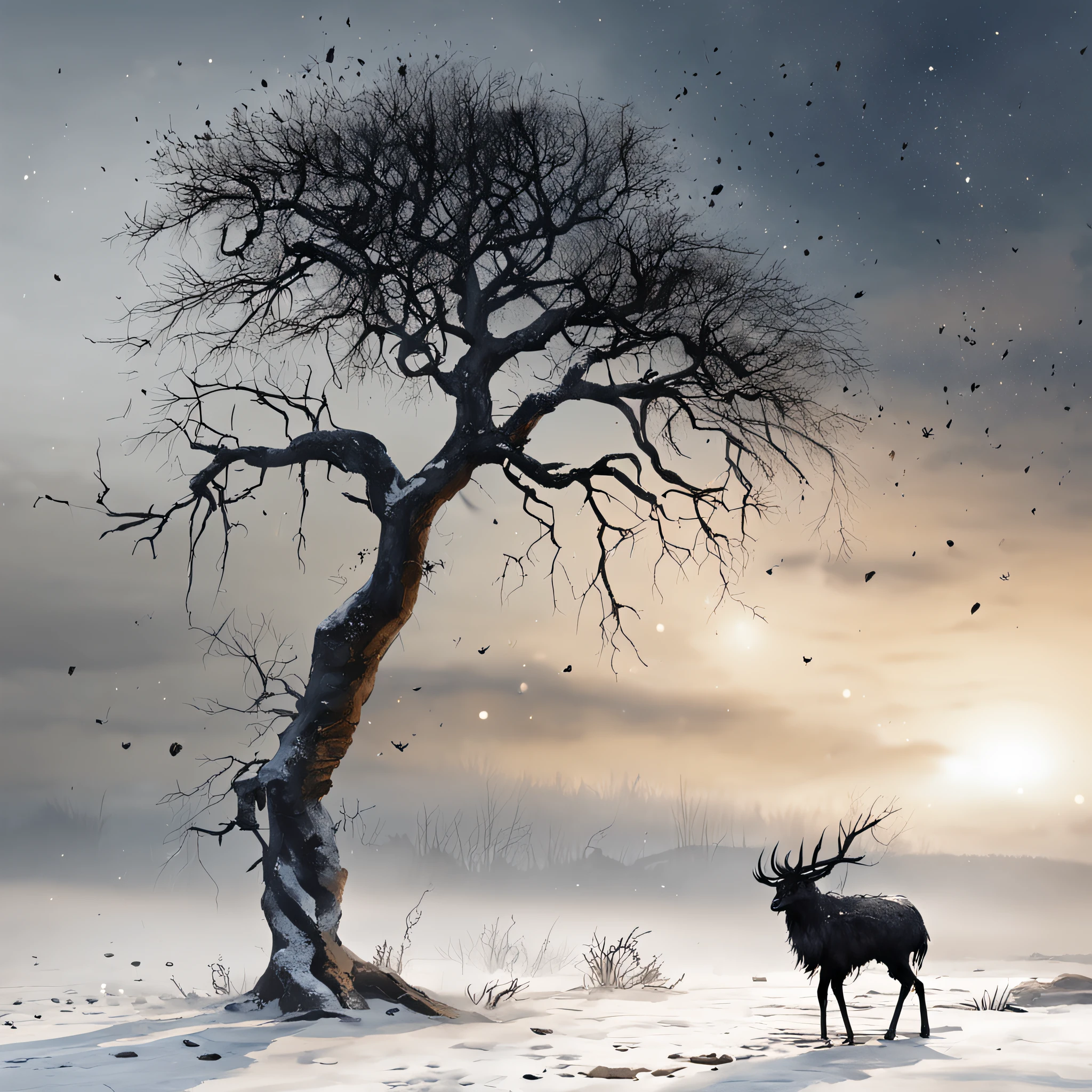Two crows on a dead tree, A shadow shaped like a walker, Starry night, Thick fog on the ground, Blue light on the horizon, Unreal Engine 5, Cinematic, low angle photography, Motion blur, Depth of field, Dust, Cobblestones and dirt. Splash Art, dripping paint. Perfect color grading. Influenced by Karel Appel and Jeremy Mann, Full of dramatic and threatening scenes, Hyper-detailed, Beautiful, insanely details, Intricate details, editorial photography, shot with a 50mm lens, Depth of field, Tilt Blur, Shutter speed 1/1000, f/22. Lightmaps, Super bright